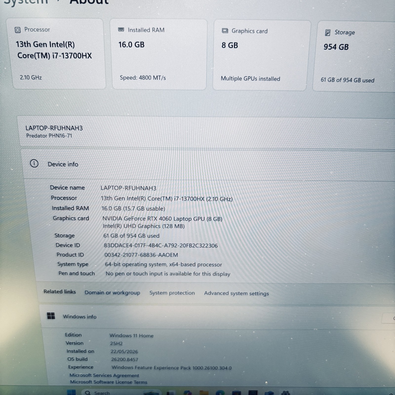 Acer Predator Helios Neo 16 Win 11 i7-13700HX 2.1Ghz 16GB RAM 1TB SSD 16″