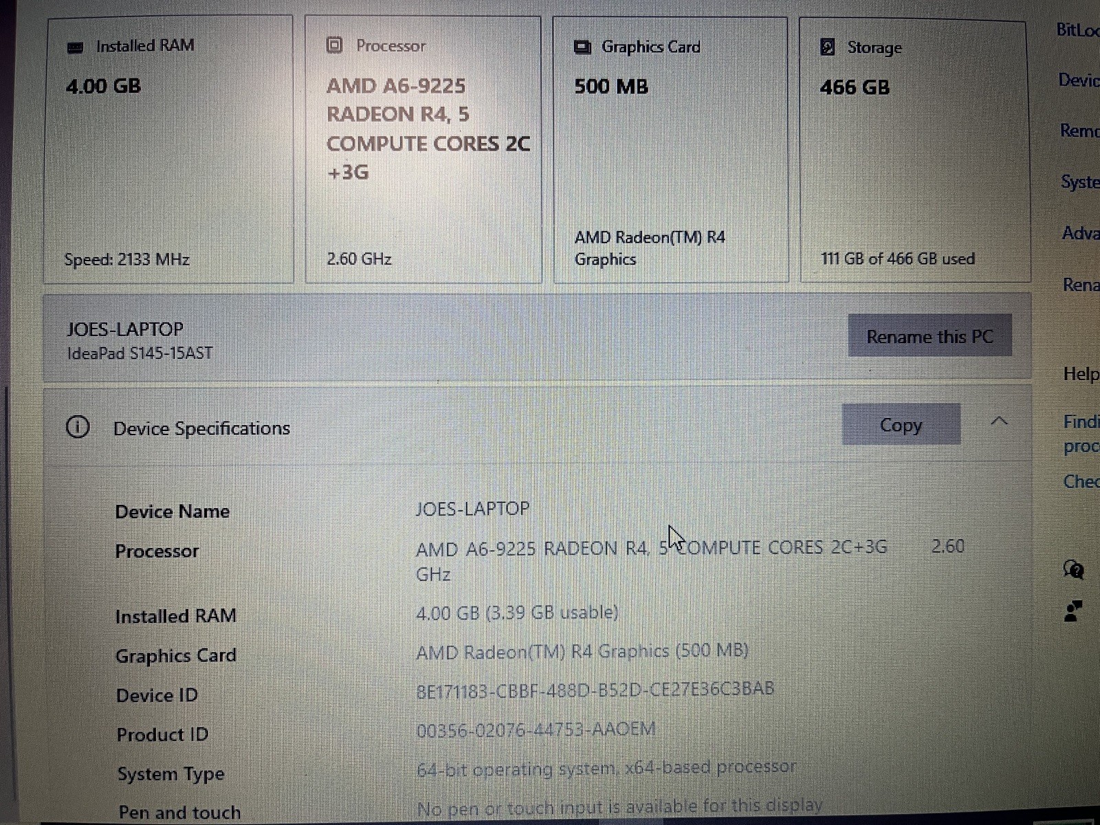 LAPTOP: Lenovo IdeaPad S145-15AST, AMD 6 5-Core, 4GB Memory, 466GB Storage