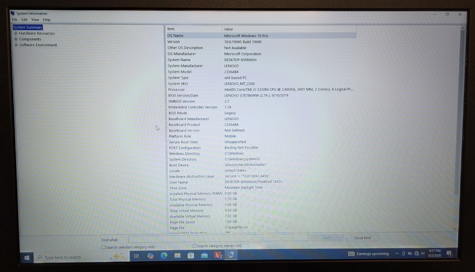 Lenovo ThinkPad T430s i5-3320M 8GB RAM 238GB SSD Win 10 Parts READ