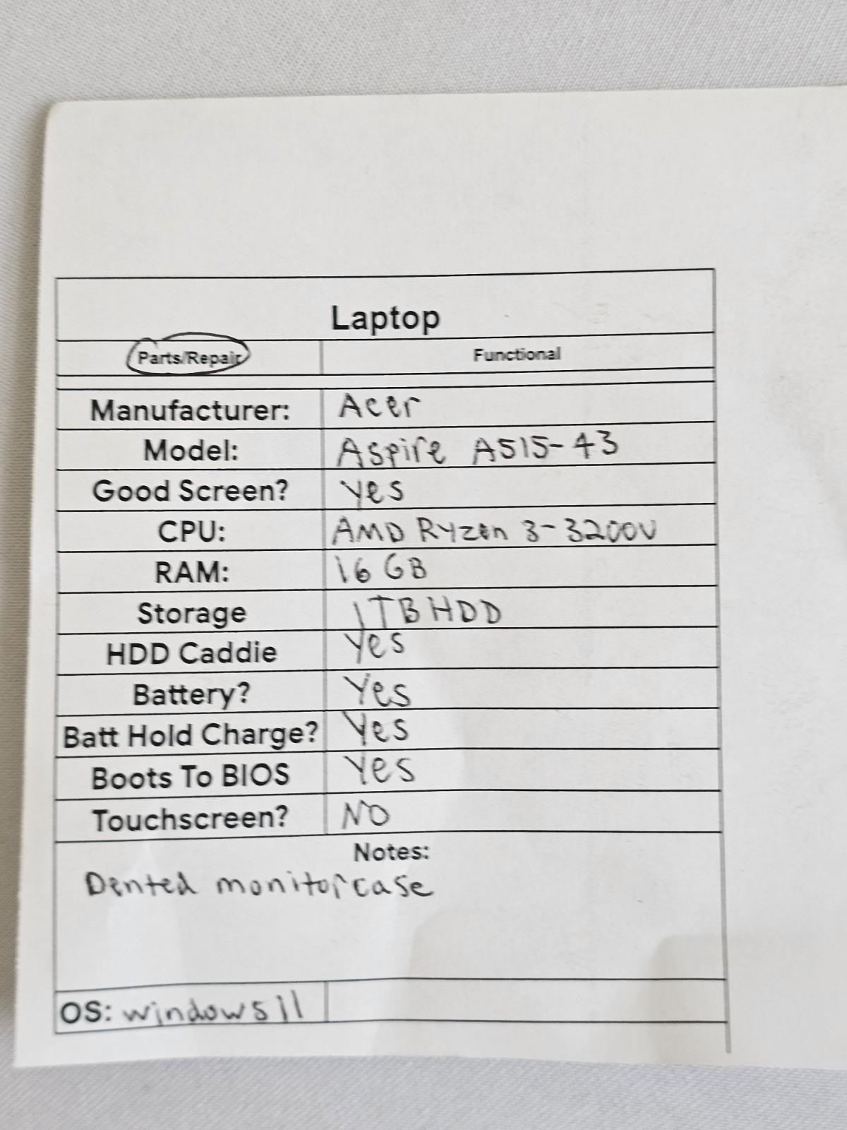 Acer Aspire A515-43 Laptop – AMD Ryzen 3-3200u – 16GB RAM 1TB HDD Win 11 – READ