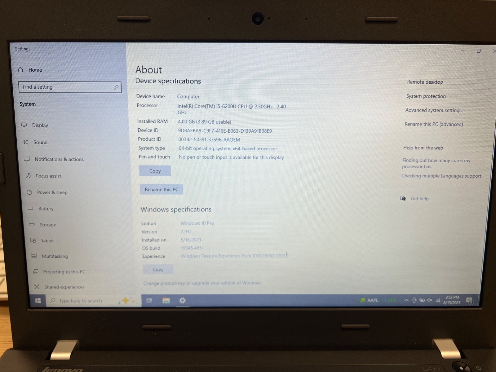 Lenovo E460 14 inch i5-6200U 2.3GHz 500GB 4GB Notebook / Windows 11 Pro