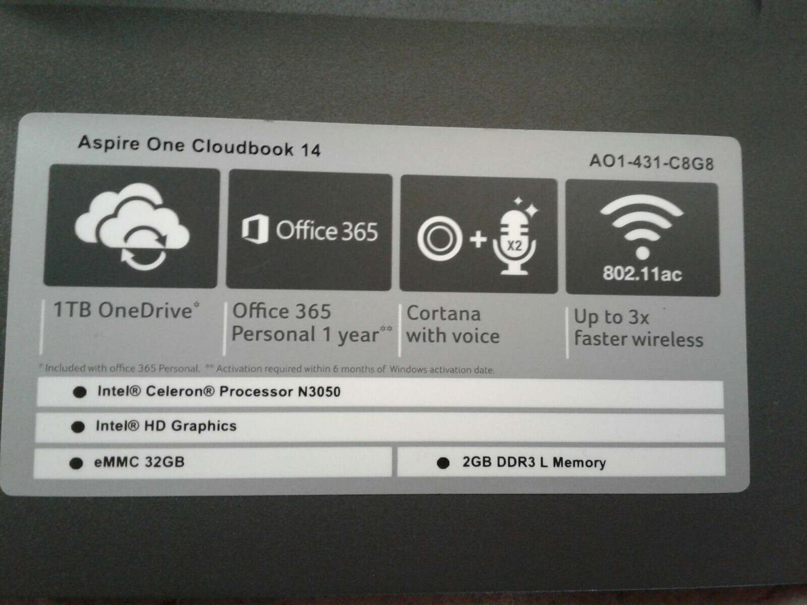 2x Acer Aspire One Cloudbook 14″ AO1-431-C8G8 Celeron N30X0 2GB DDR3L 32GB eMMC