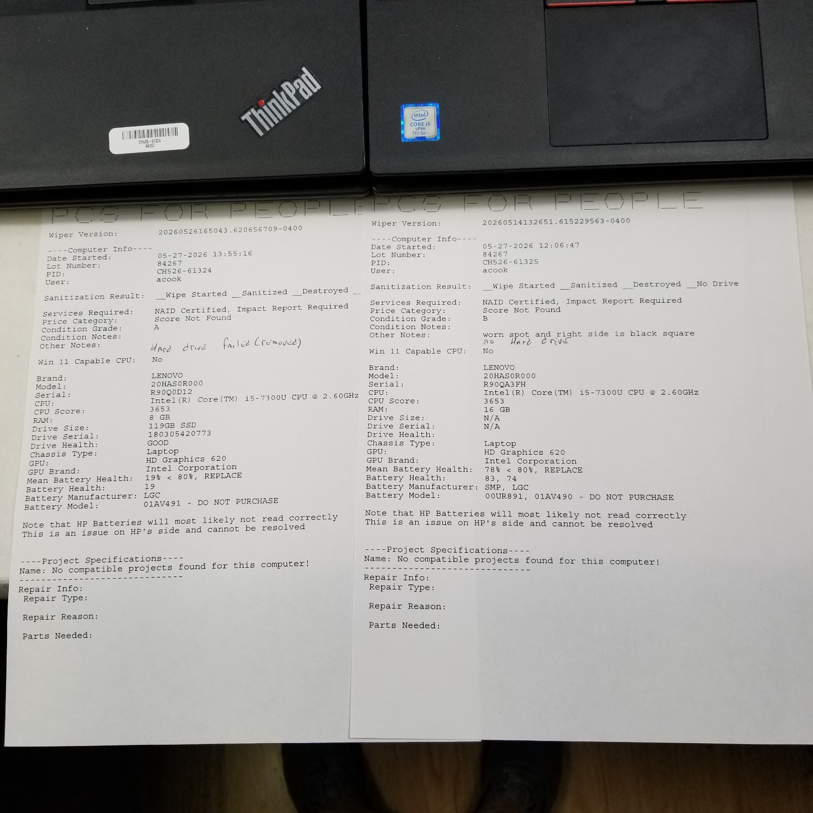 Lot of 4 Lenovo ThinkPad T570 Intel Core i5-7300U 2.6Ghz Mixed Specs *Read*