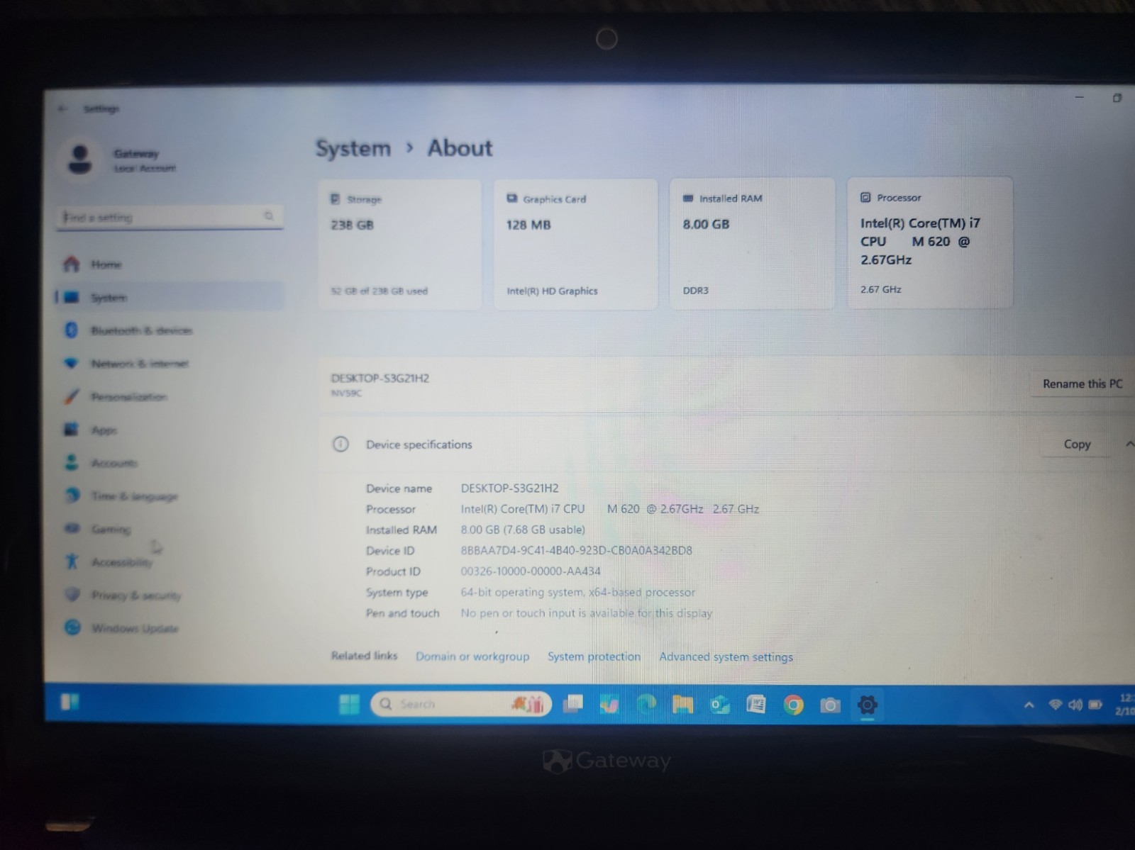 Gateway laptop Core™ I7 CPU M620@2.67GHz 8gb @256 ssd