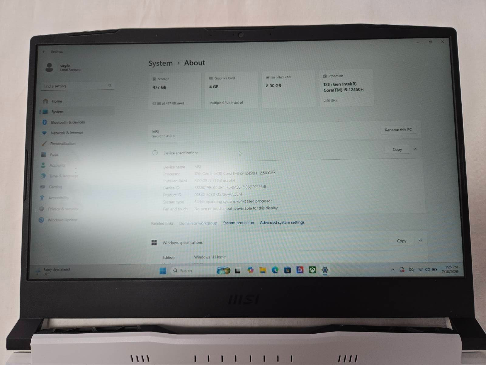 MSI Sword 15 A12UC Gaming i5-12450H 1.50GHz 8GB RAM 512GB SSD NVIDIA RTX 3050
