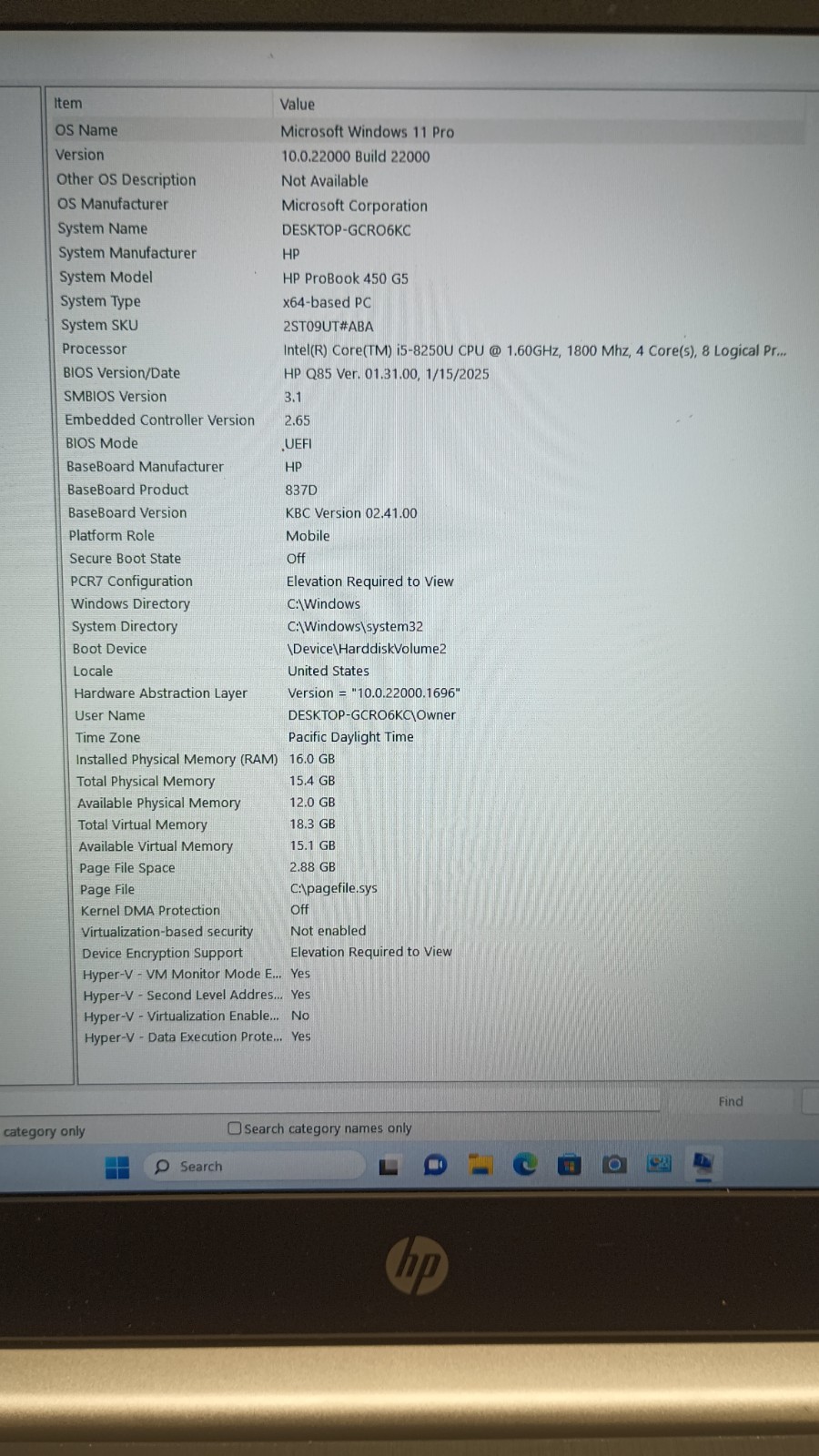 80702 Probook450 G5 w/charger.i5 8250U.16GB.250GB SSD.15.6’FHD.W11 Pro