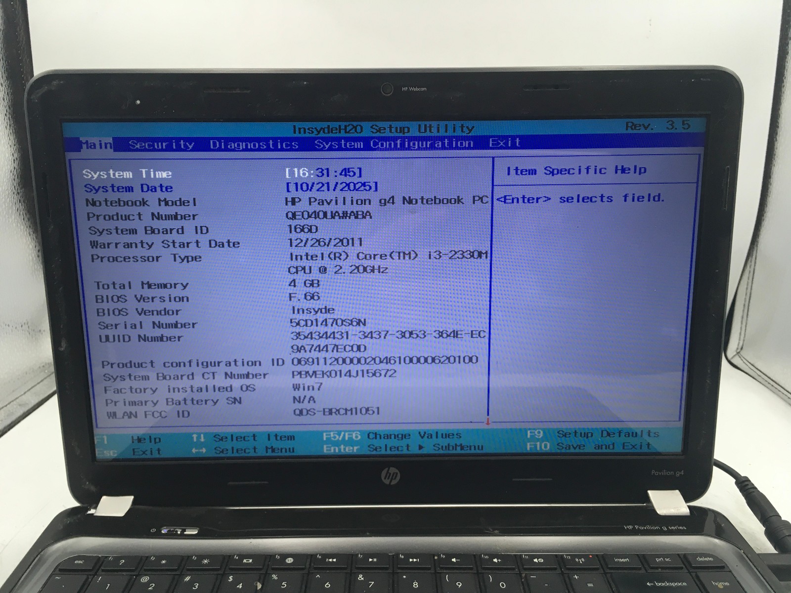 HP PAVILION G4 1226NR – BOOTS TO BIOS – INTEL I3 2330M – NO RAM – NO OS -READ-BB