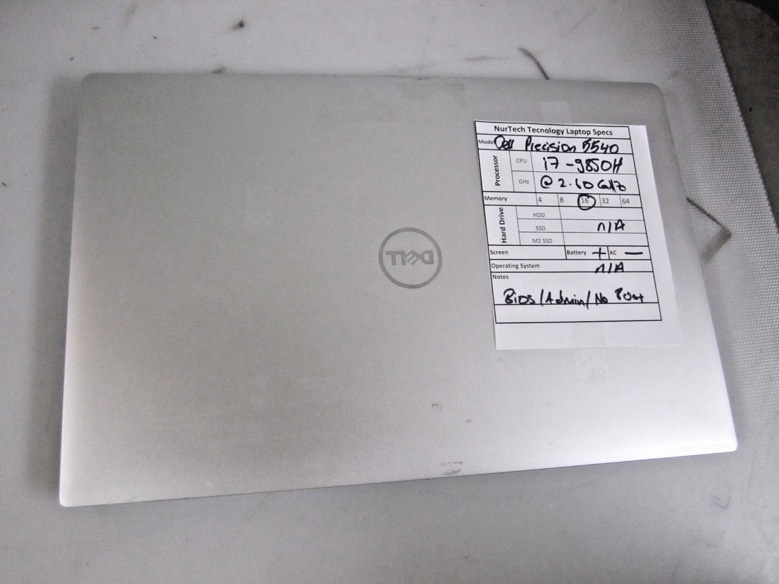 Dell Precision 5540 i7-9850H 16GB 2.60GHZ NO OS/HDD/AC LAPTOP BIOS