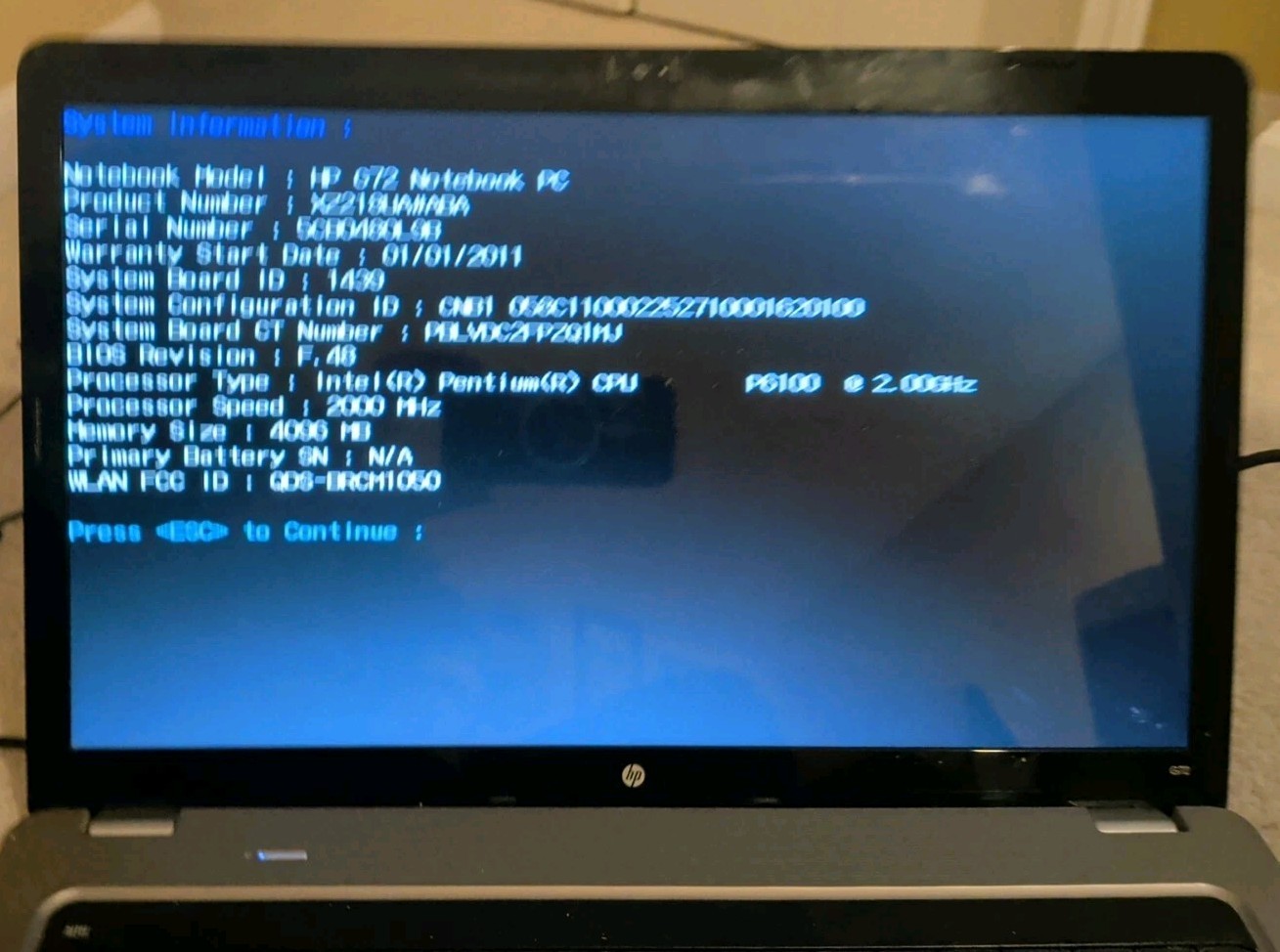 HP G72-C55DX Intel Pentium P6100 2GHz 4 GB – No HDD – No Battery