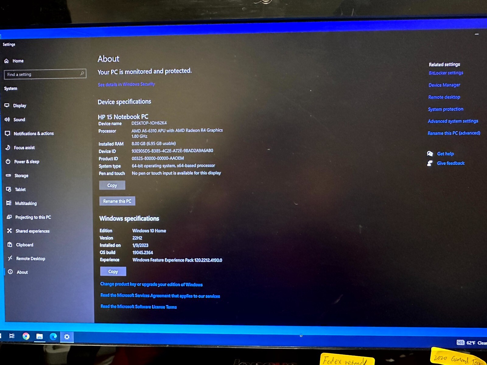 Lenovo C40-05 All-in-one Desktop Computer 21.5″ AMD A6 1.8Ghz 8GB 500GB Win 10