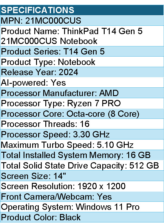 Lenovo 21MC000CUS ThinkPad T14 Gen 5 – 14″ Notebook – AMD Ryzen 7 PRO – Black