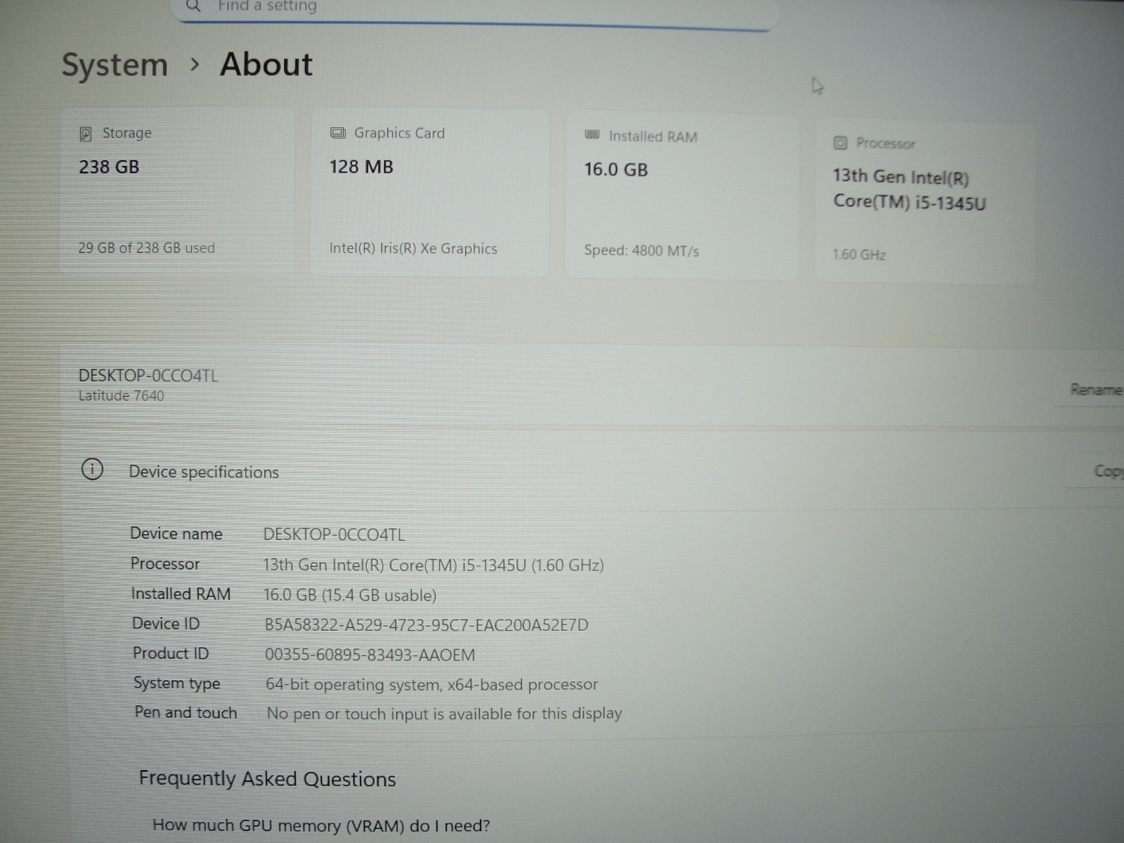 Dell Latitude 7640 16″WUXGA Core i5‑1345U 1.6GHz 16GB RAM 256GB SSD+Charger/vPRO