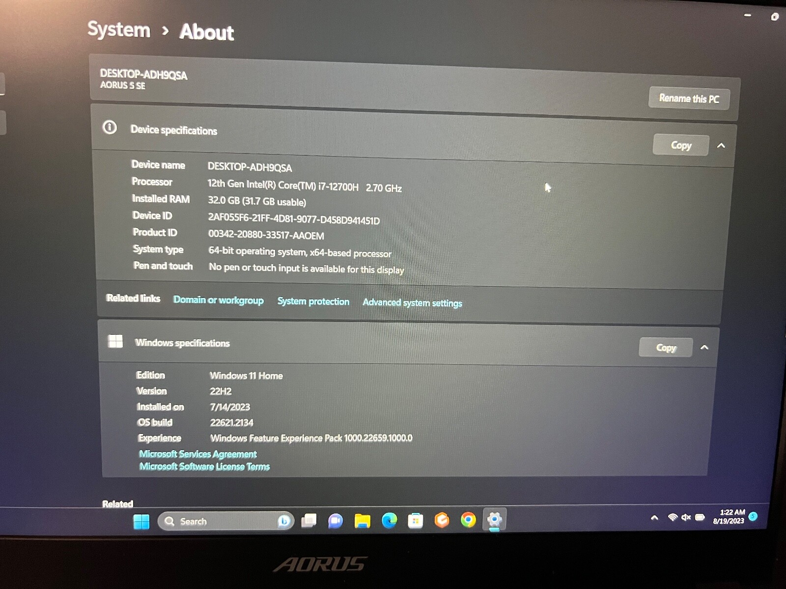 GIGABYTE AORUS 15.6″ ( 1.5TB SSD, Intel Core i7 12th Gen., 3.9 GHz, 32GB Ram)