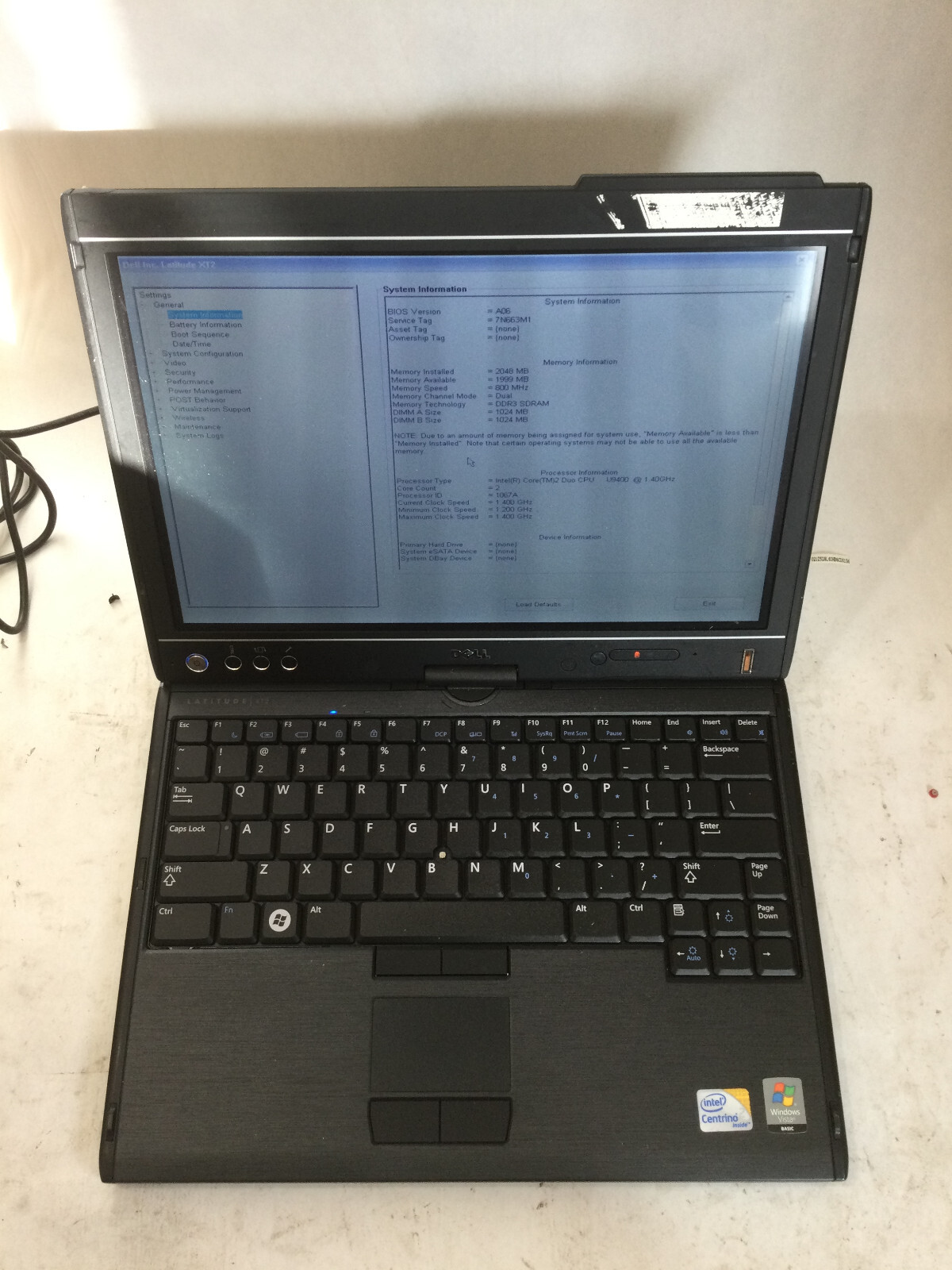 DELL LATITUDE XT2 – BOOTS TO BIOS – INTEL CORE 2 DUO – 2GB RAM – READ DESCRIP-BB