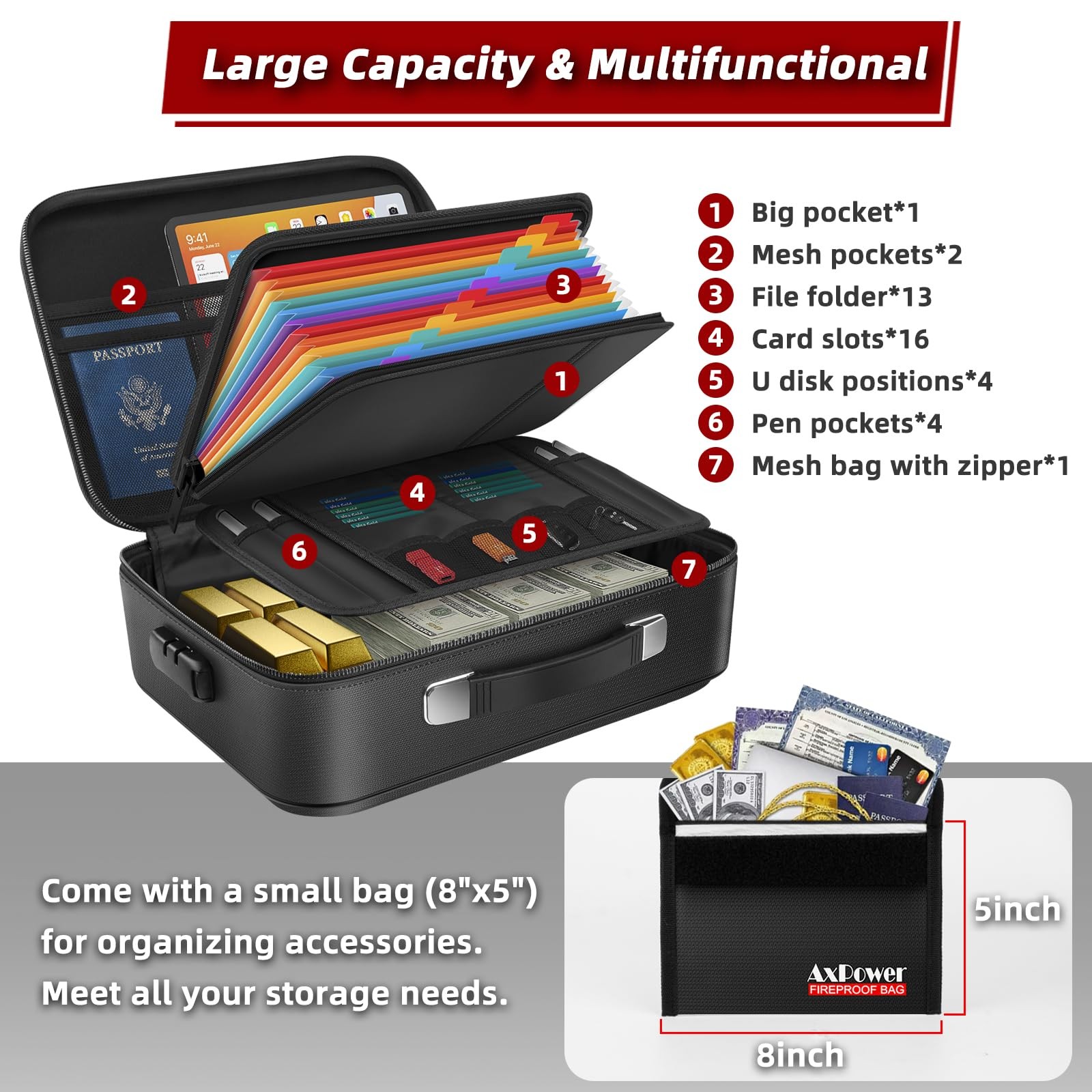 Fireproof Document Box Hard Case w/ Lock, Multi-Layer Fire Water Resistant Safe