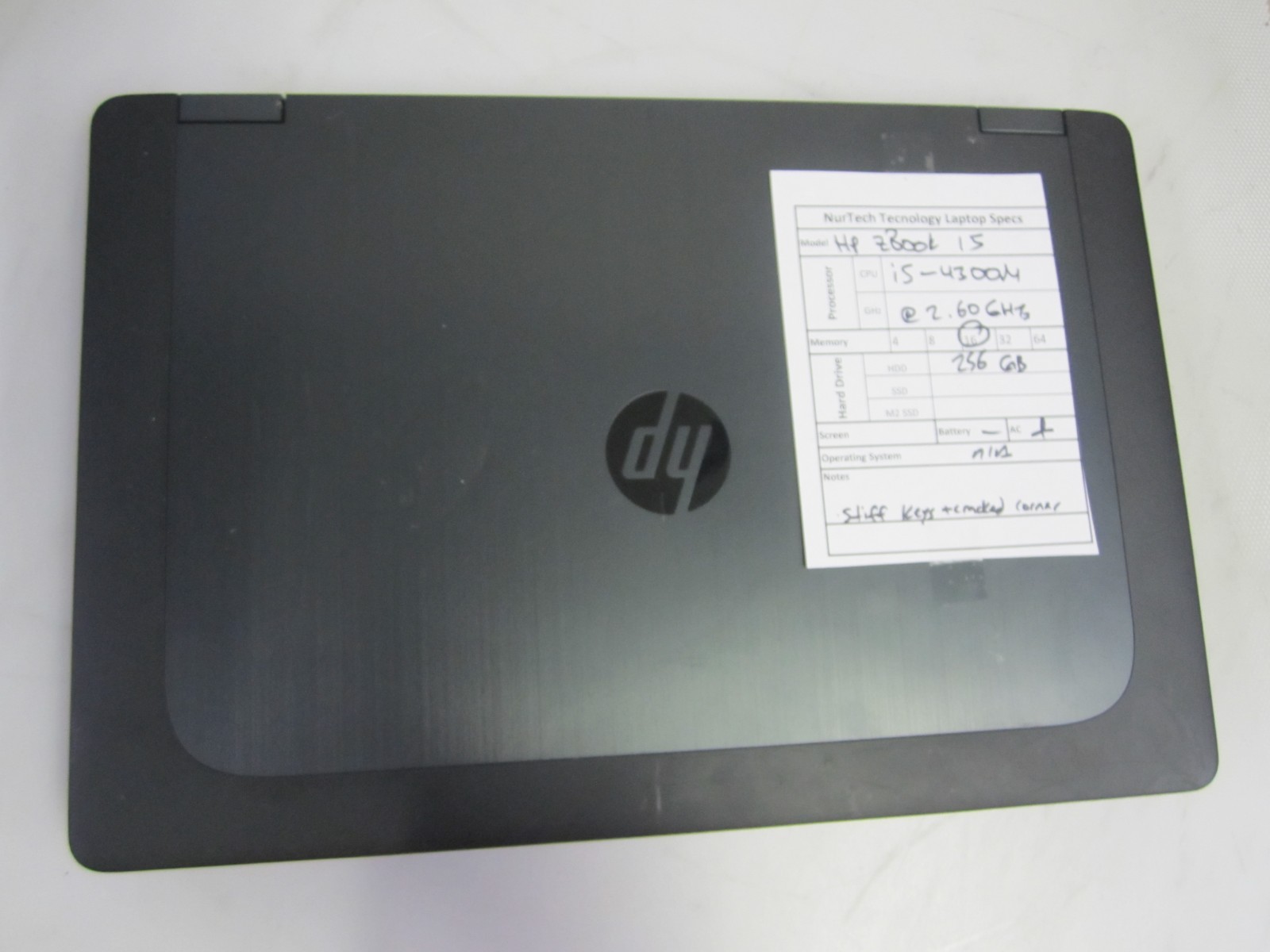HP ZBook 15 i5-4300M 2.6GHz 16GB 256GB .Laptop + AC NO OS, STIFF KEYS READ~