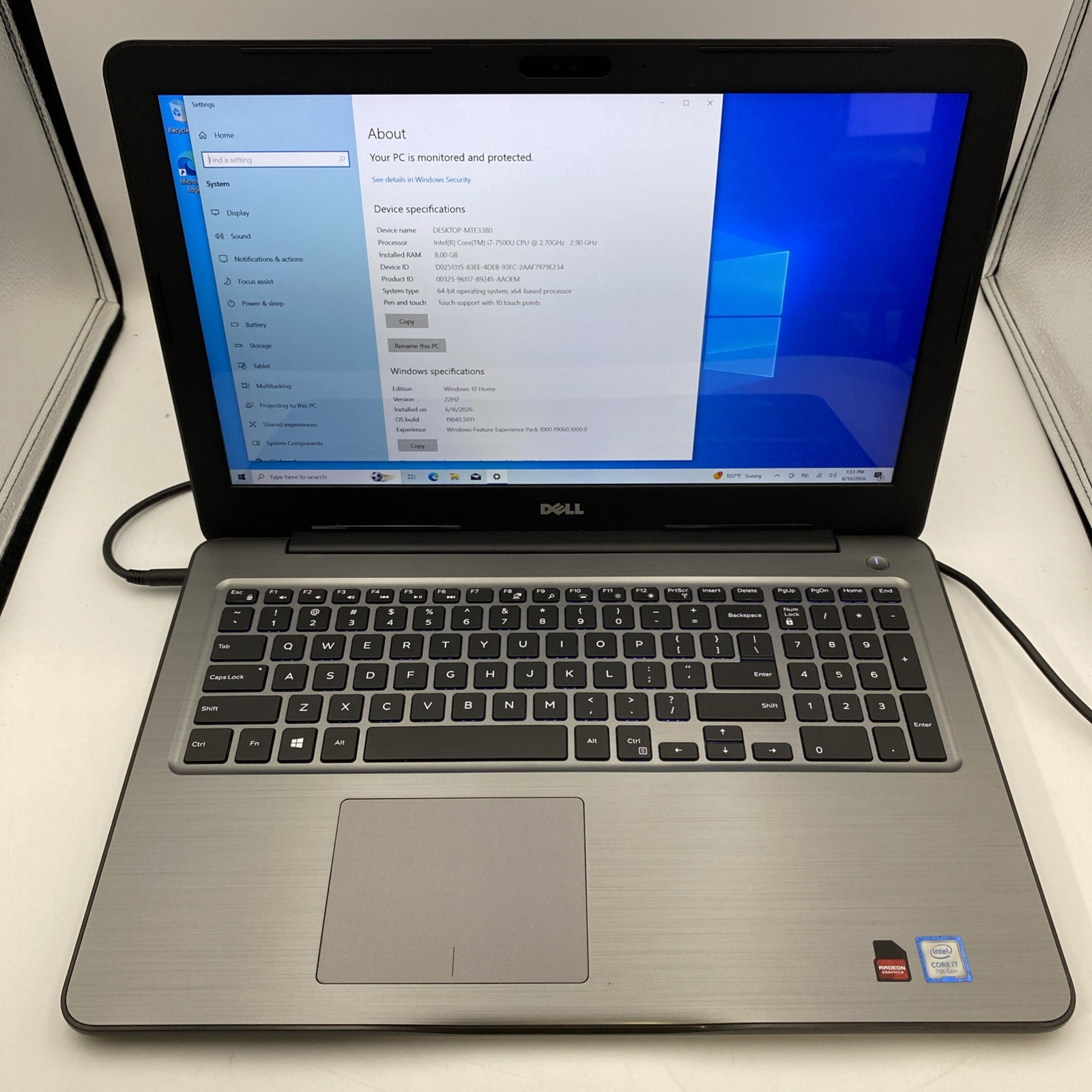 Dell Inspiron 5567 Touchscreen Intel i7-7500U @ 2.7GHz 8GB RAM 120GB SSD W11H