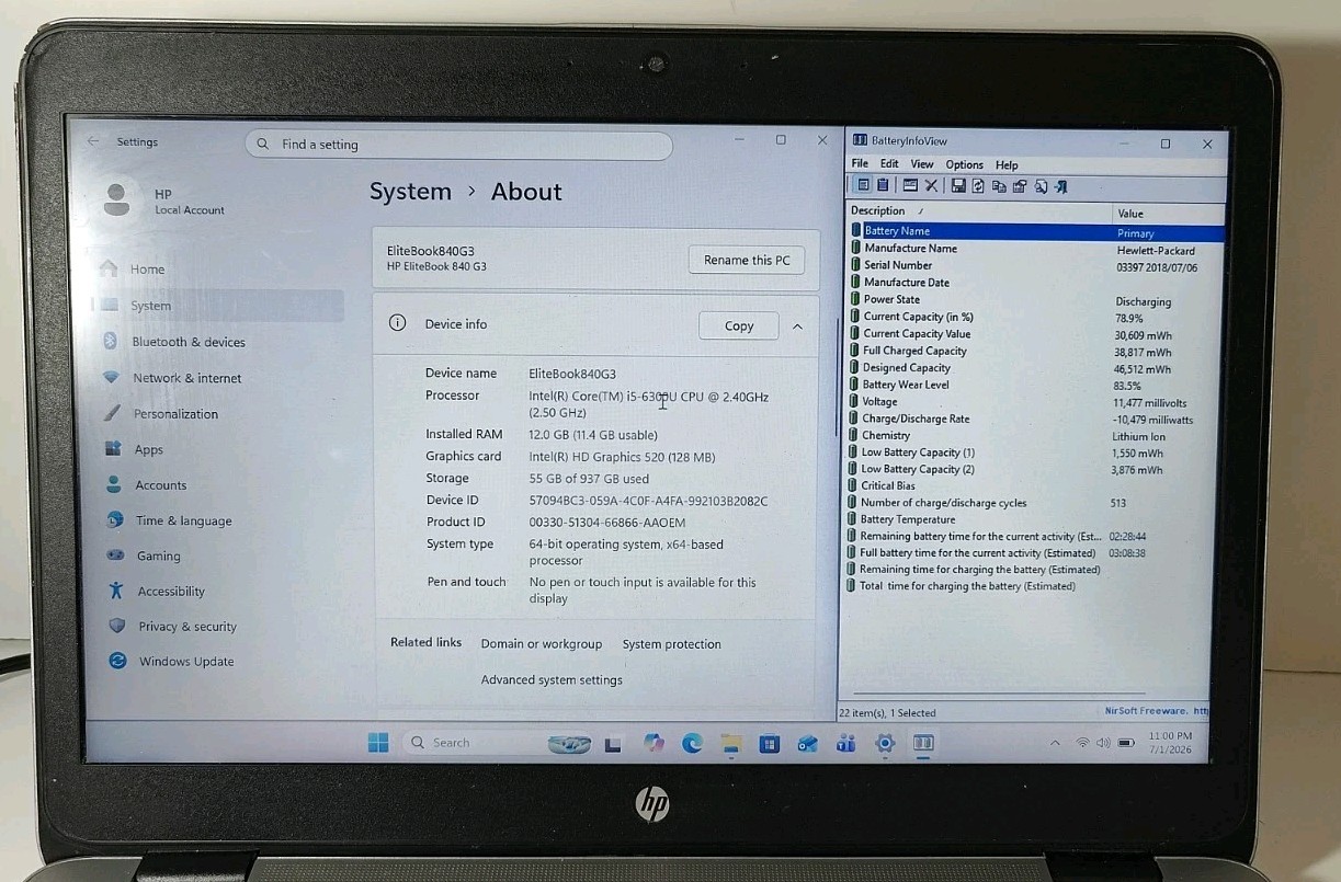 14″ HP EliteBook 840 G3 i5-6300U 2.4Ghz 12GB RAM 256GB SSD 750GB HDD Win 11