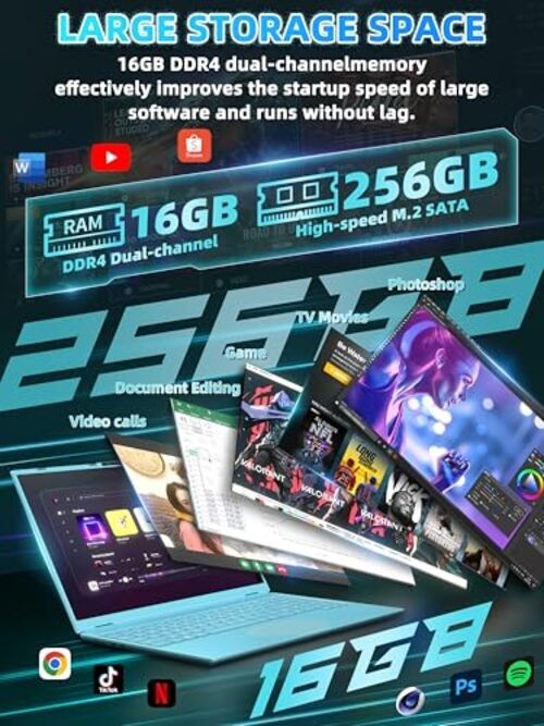 16″ Laptop Computer 16G RAM 256GB SSD Alder Lake N95 CPU (Up to 16G+256GB Blue