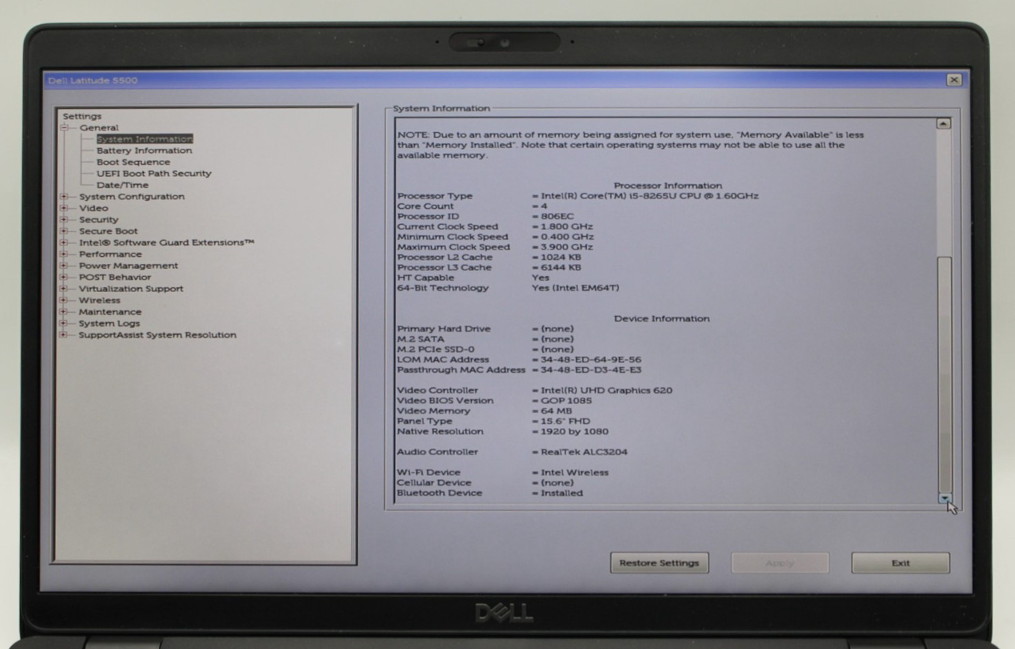 Dell Latitude 5500 i5-8265U@1.6GHz 16GB DDR4 NO STORAGE OR OS *USED/TESTED* READ