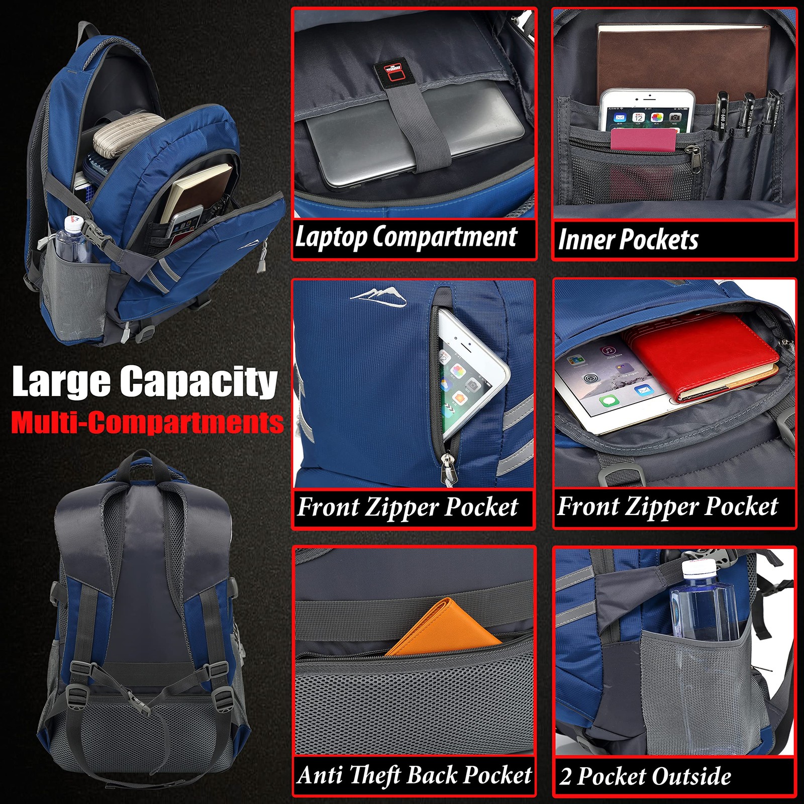 ProEtrade Backpack Laptop Bag College Travel USB Charging Anti Theft Blue