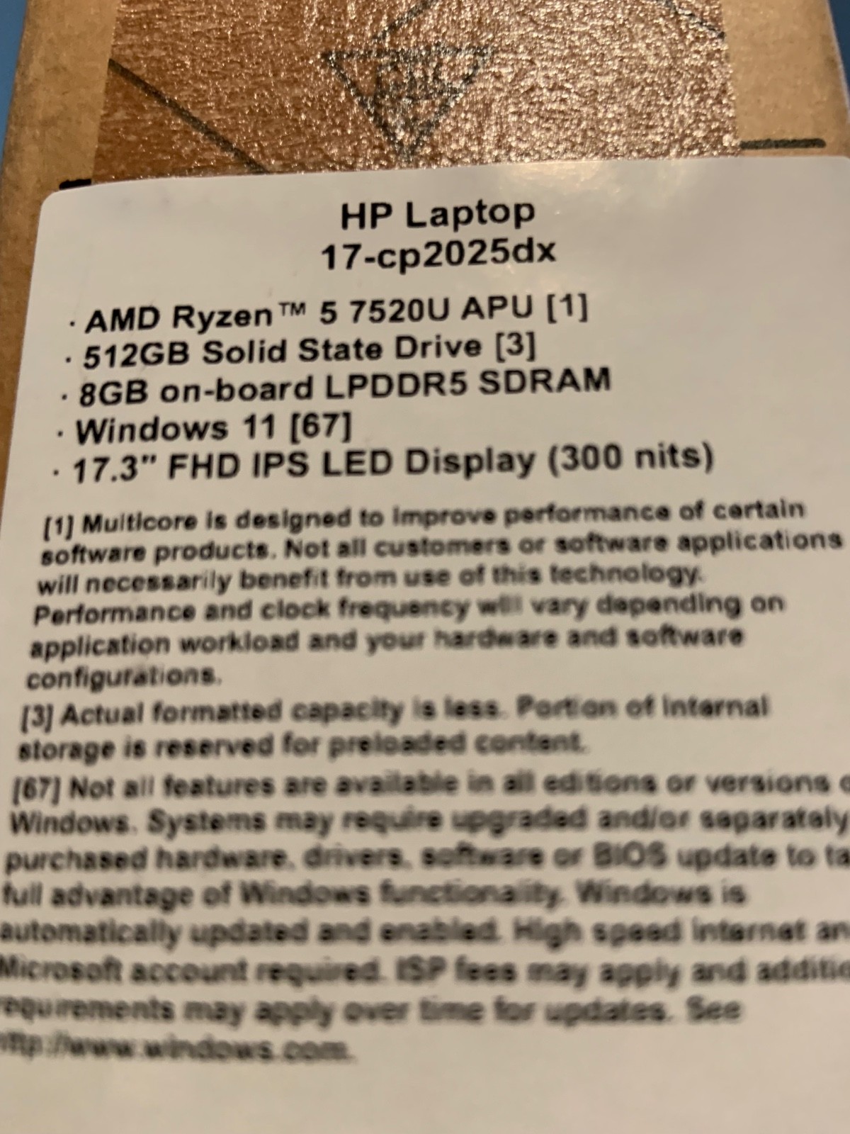 HP Laptop 17-CP2025DX 17″ FHD AMD Ryzen 5-7520U 8GB RAM 512GB NVMe Win-11