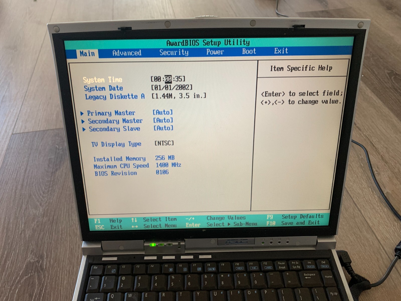 ASUS L2000 Unknown CPU(max speed:1400MHz) 256MB RAM-MISSING PARTS-BOOT TO BIOs