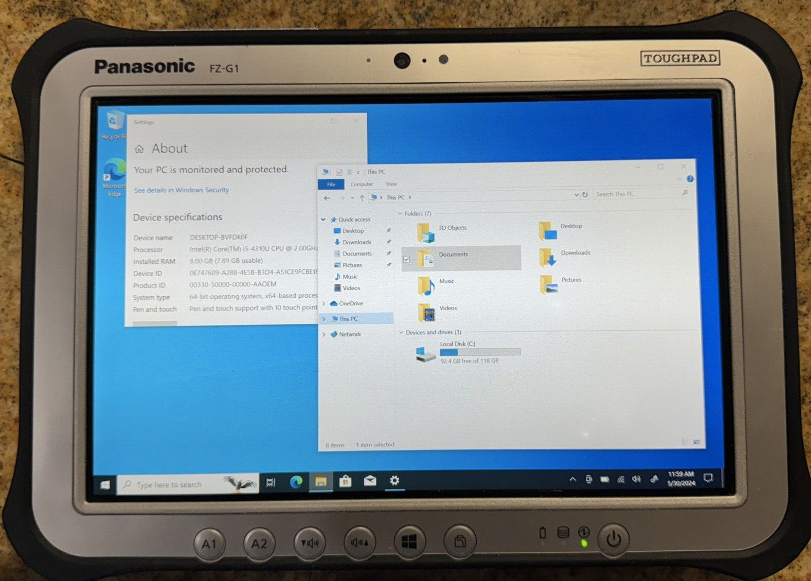 Panasonic Toughpad FZ-G1 Core i5 4310U 2GHz 8GB RAM 256 GB SSD Win 10 Pro W/ AC