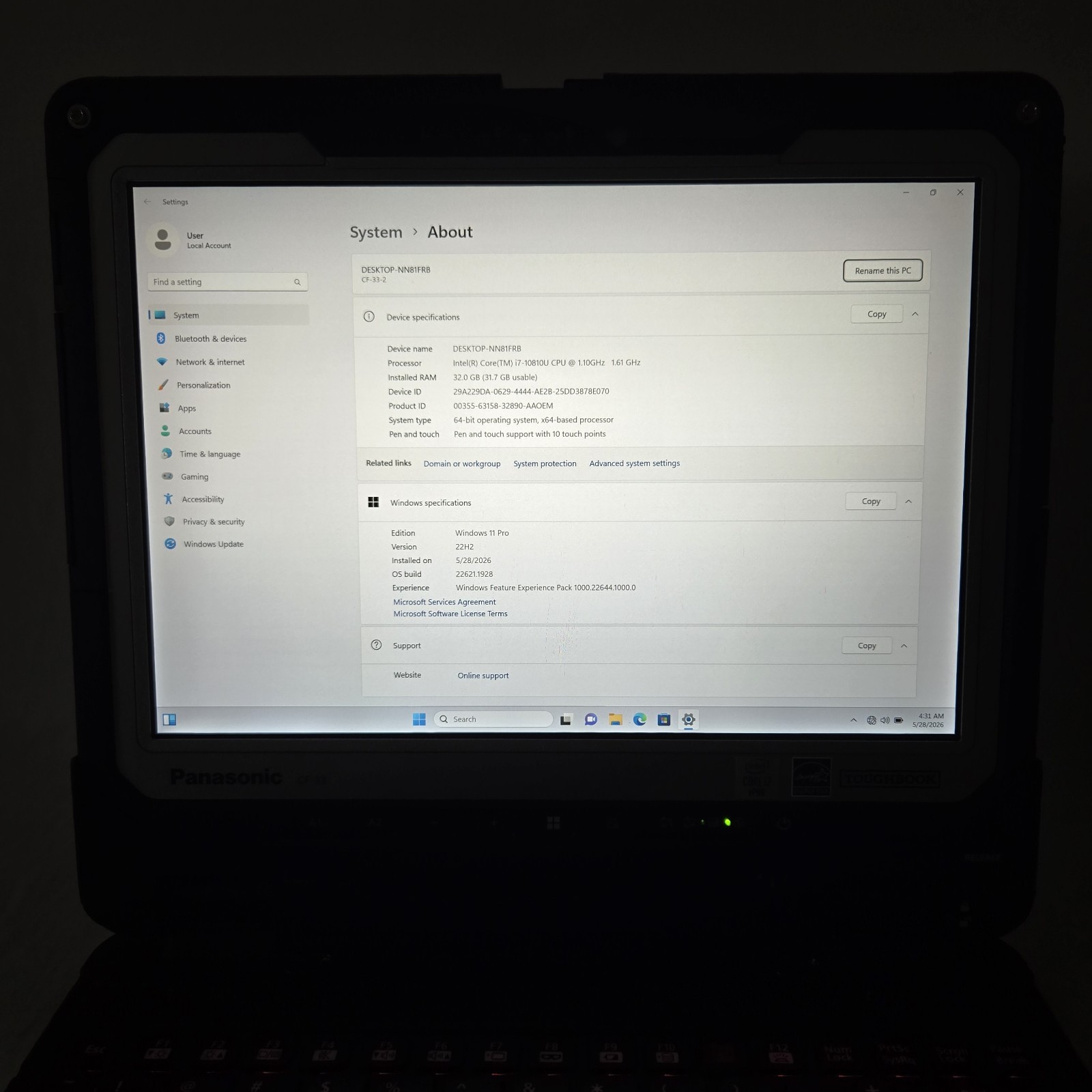 Panasonic Toughbook CF-33 i7-10810U 1.10GHz 512GB SSD 32GB Ram 4G GPS — Grade B