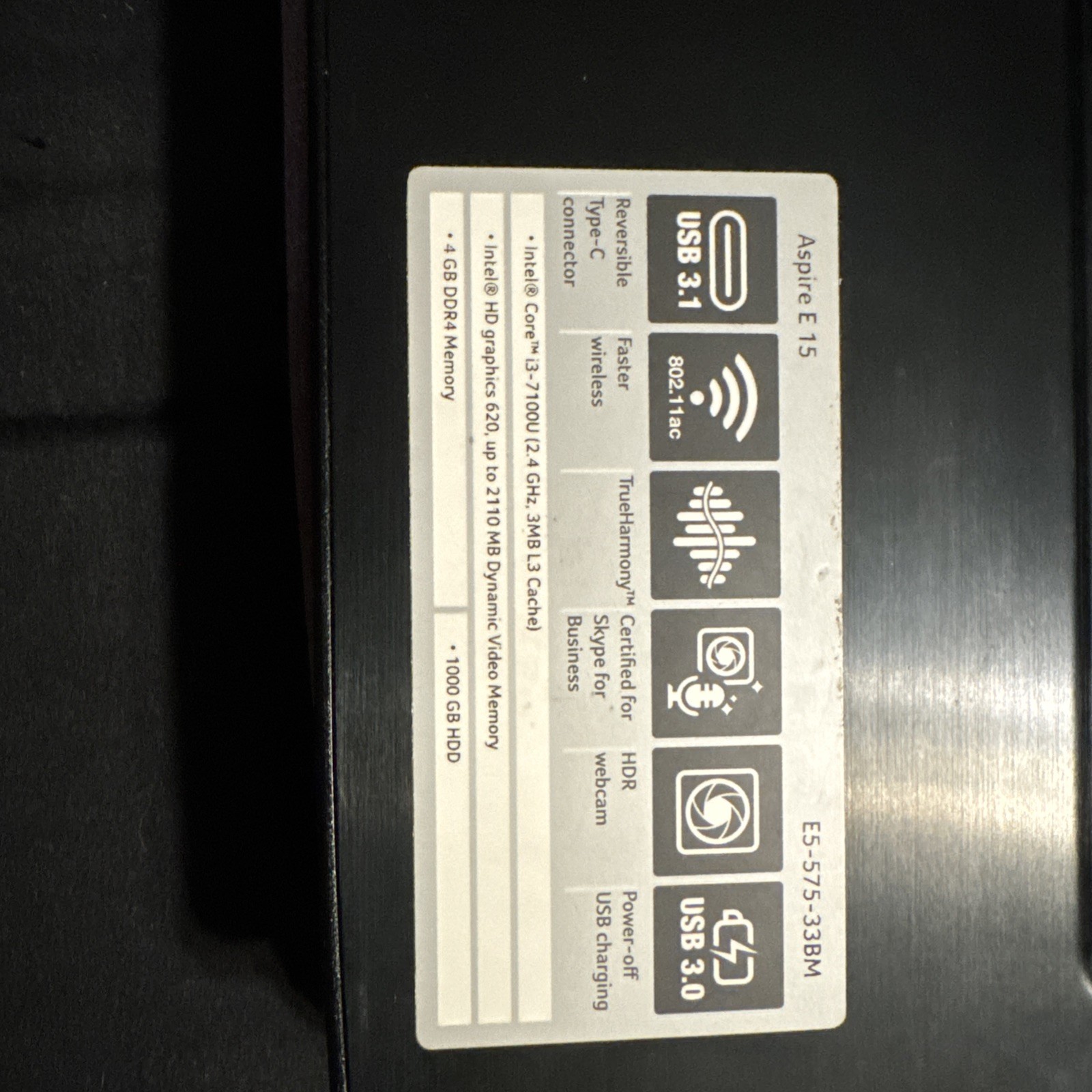 Acer E5-575 Laptop 15.6 Inch Screen Size 4GB DDR4 Memory, 1TB 5400RPM HDD