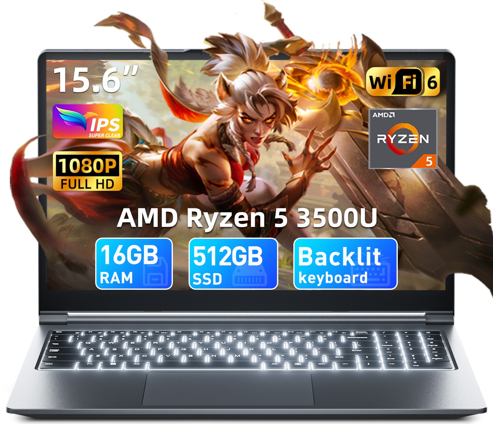 15.6″ Laptop Backlit Keyboard 16GB RAM 512GB SSD WiFi 6 HDMI USB-C RJ45 Win 11