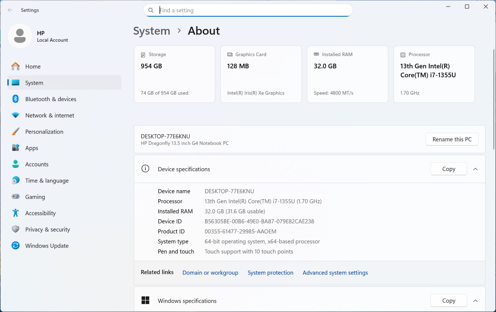 HP Dragonfly G4 13.5″ Touch Intel i7-1355U 32GB 1TB M.2 SSD W11PRO *READ* T9-A12