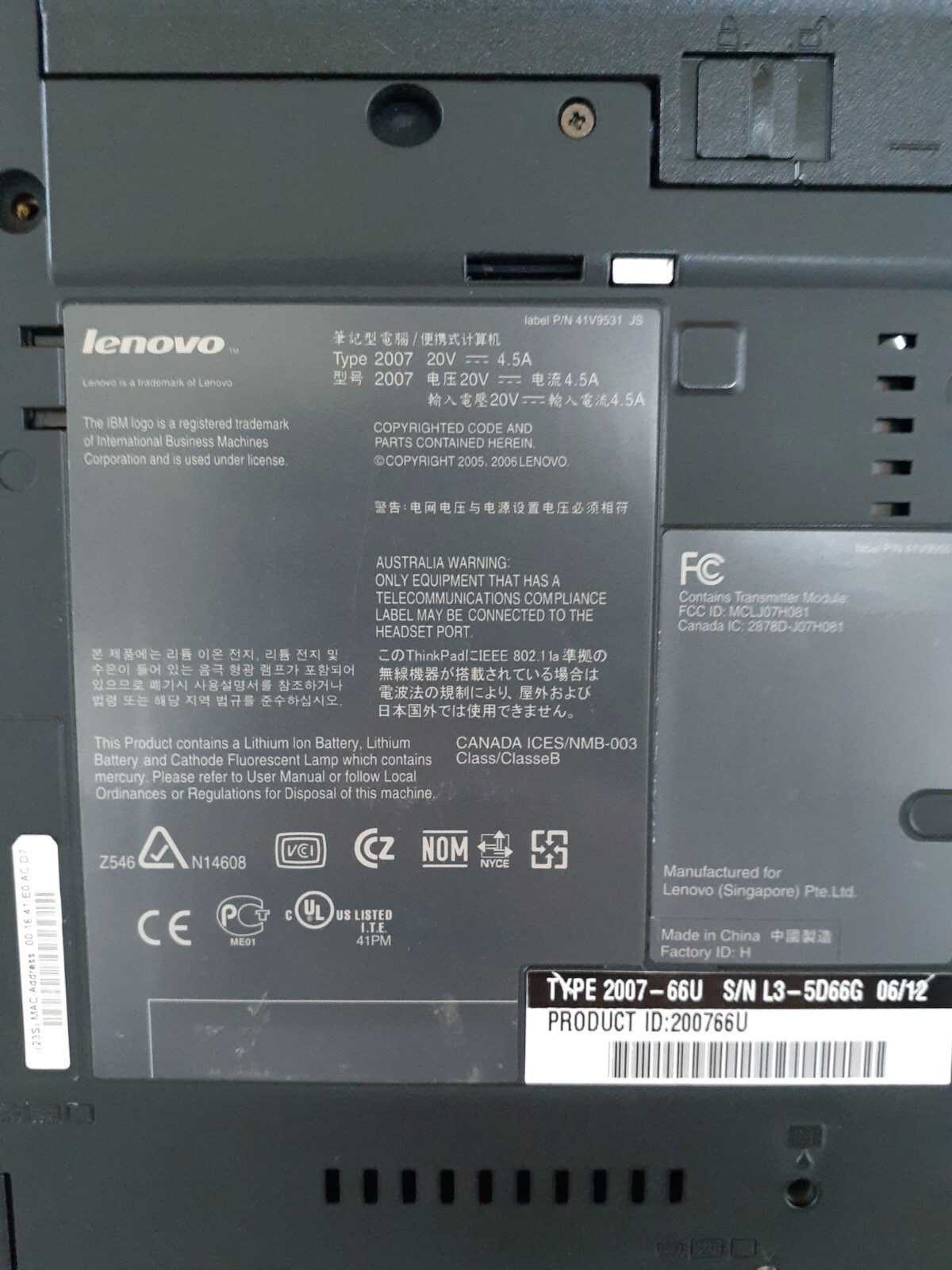 IBM ThinkPad T60 Laptop Type 2007