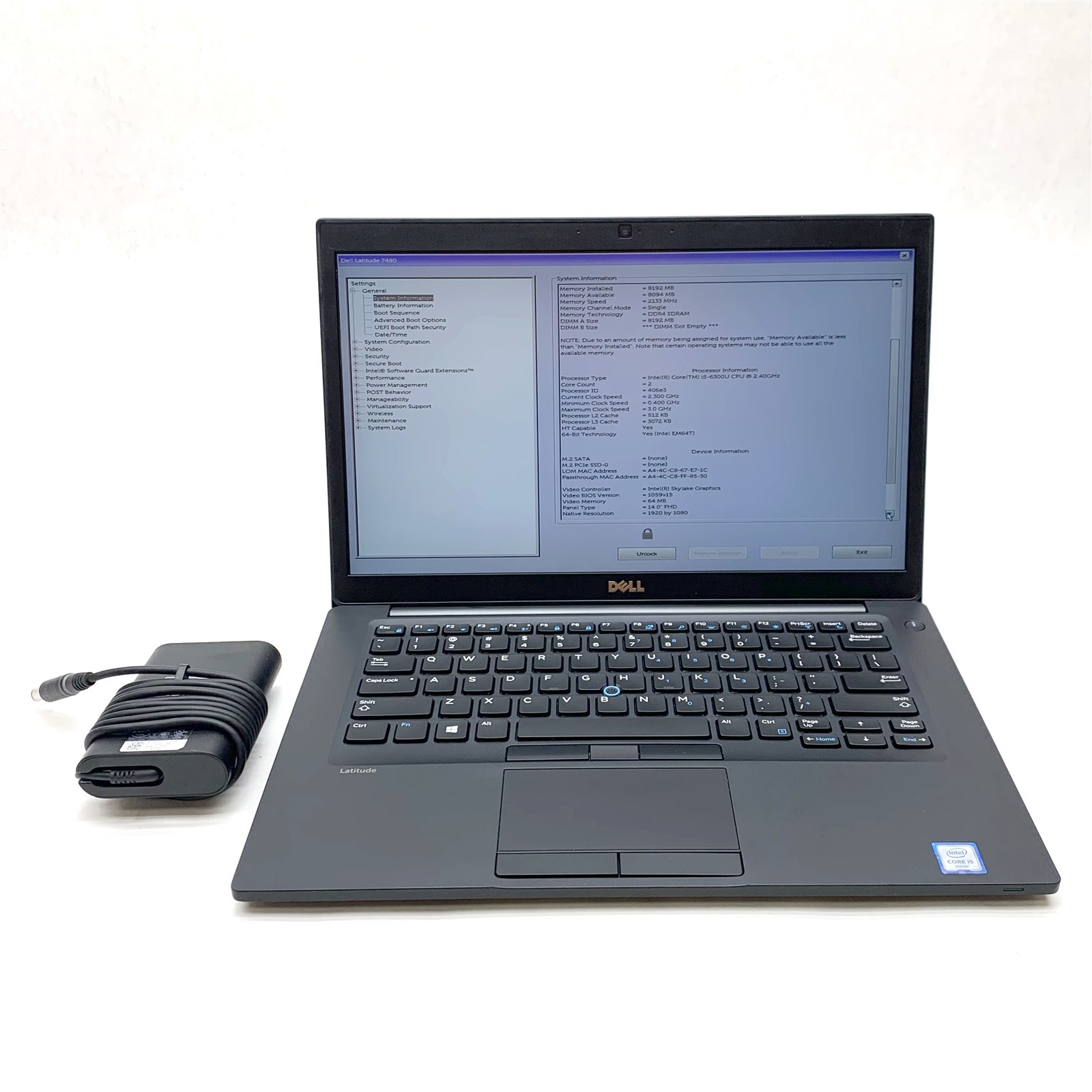 Dell Latitude 7480 14″ FHD Intel Core i5-6300U 2.40 GHz 8GB No SSD, BIOs Locked