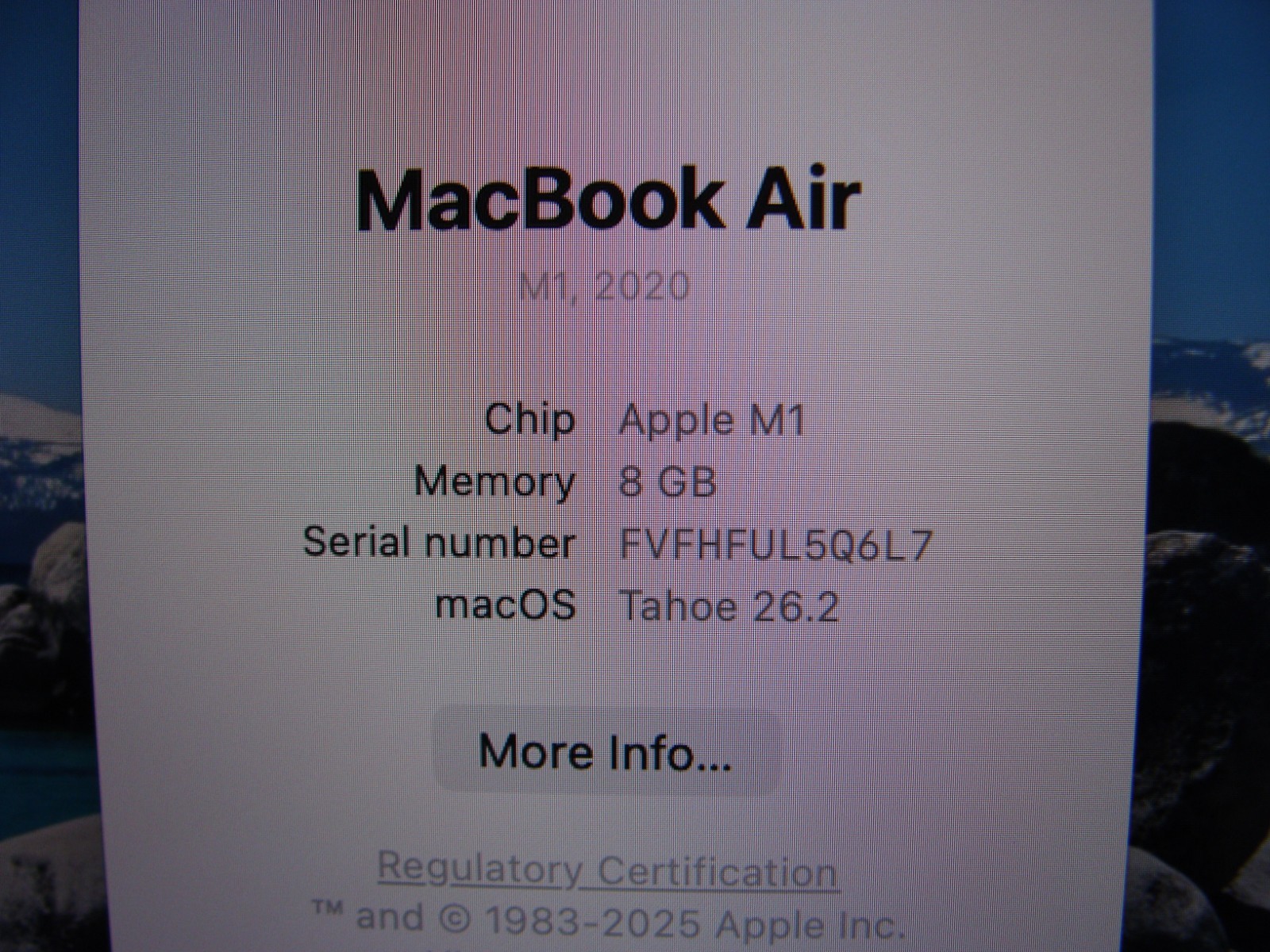 Apple MacBook Air A2337 13.3″ M1 (2020) 8CPU/7GPU 8GB 256GB OS TAHOE +Charger