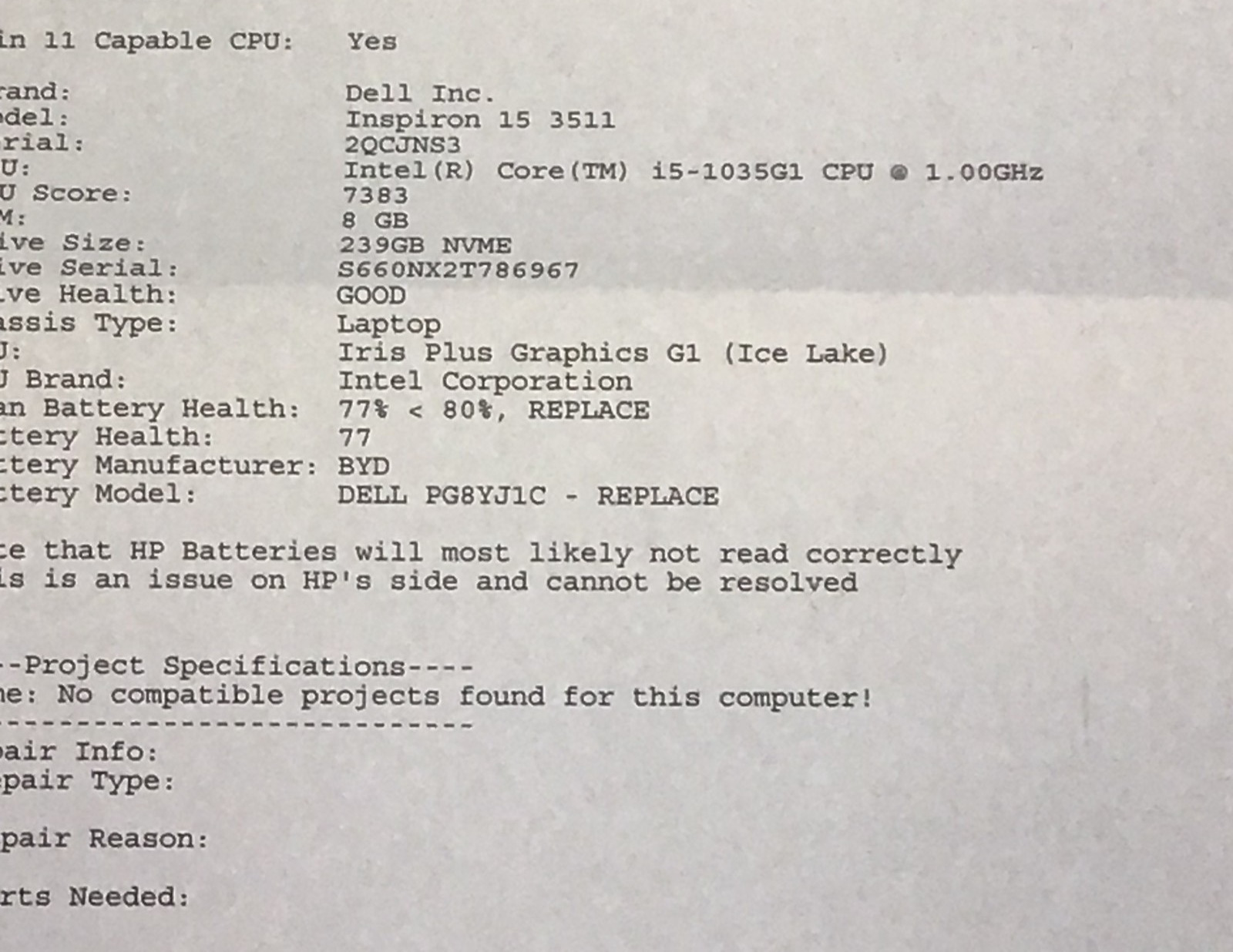 Dell Inspiron 13 3511 i5-1035G1 @1.00GHz | 256GB NVME | 8GB RAM | No OS