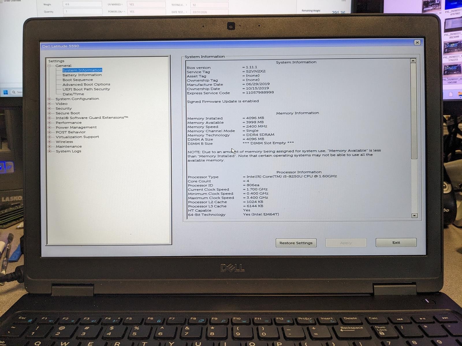 DELL LATITUDE 5590 i5-8250U @ 1.60GHz, 4GB RAM, NO HDD/OS