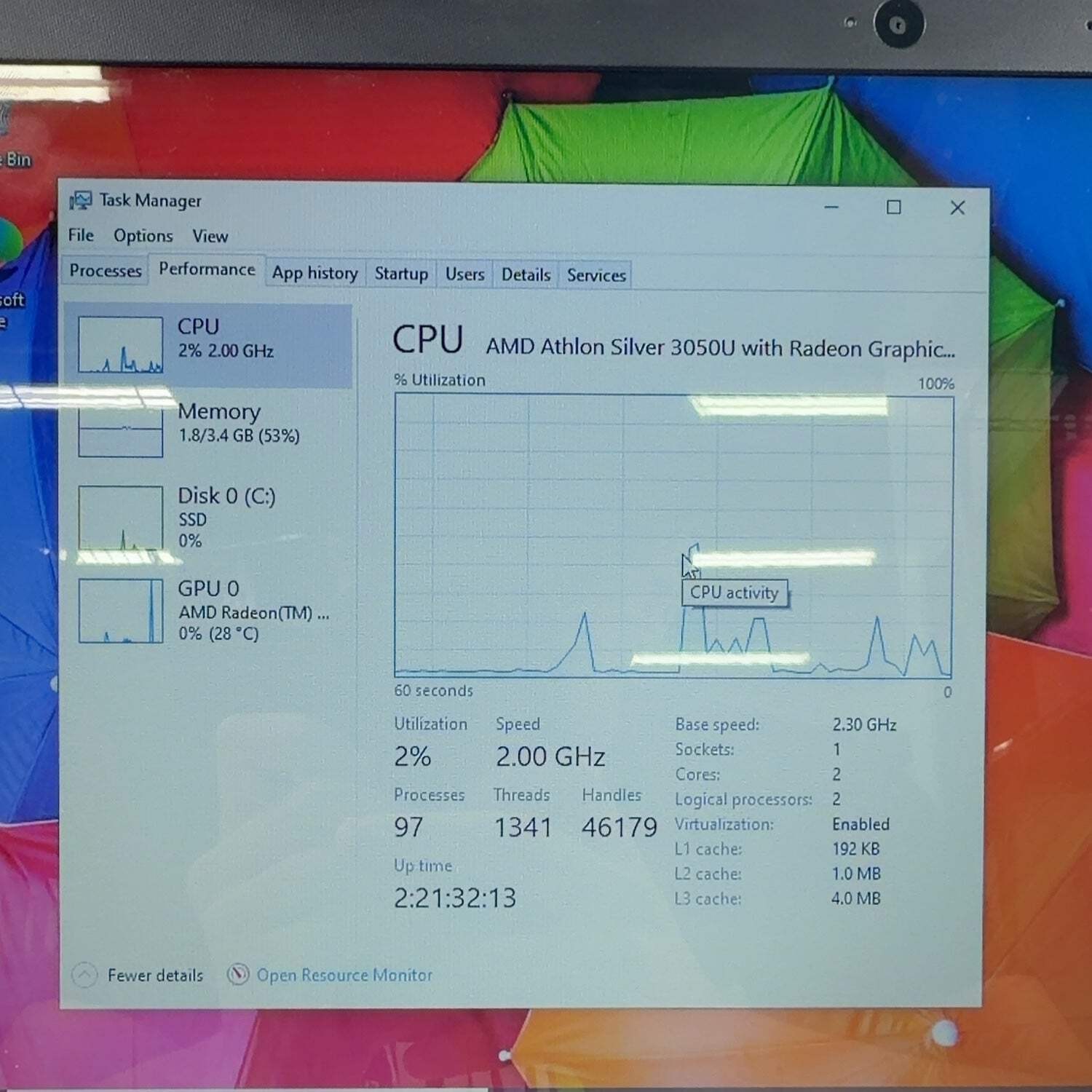 HP Laptop 14″ Athlon Silver 3050U 2.3GHz 4GB RAM 32GB SSD