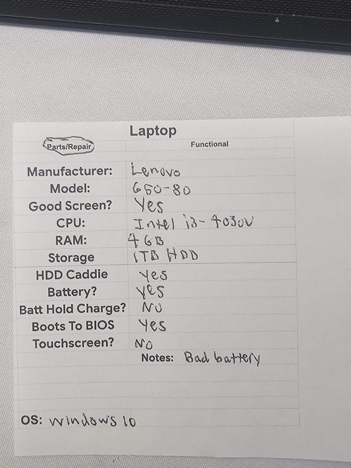 Lenovo 650-80 Laptop – i3-4030u – 4GB RAM – 1TB HDD – BAD BATTERY – Windows 10