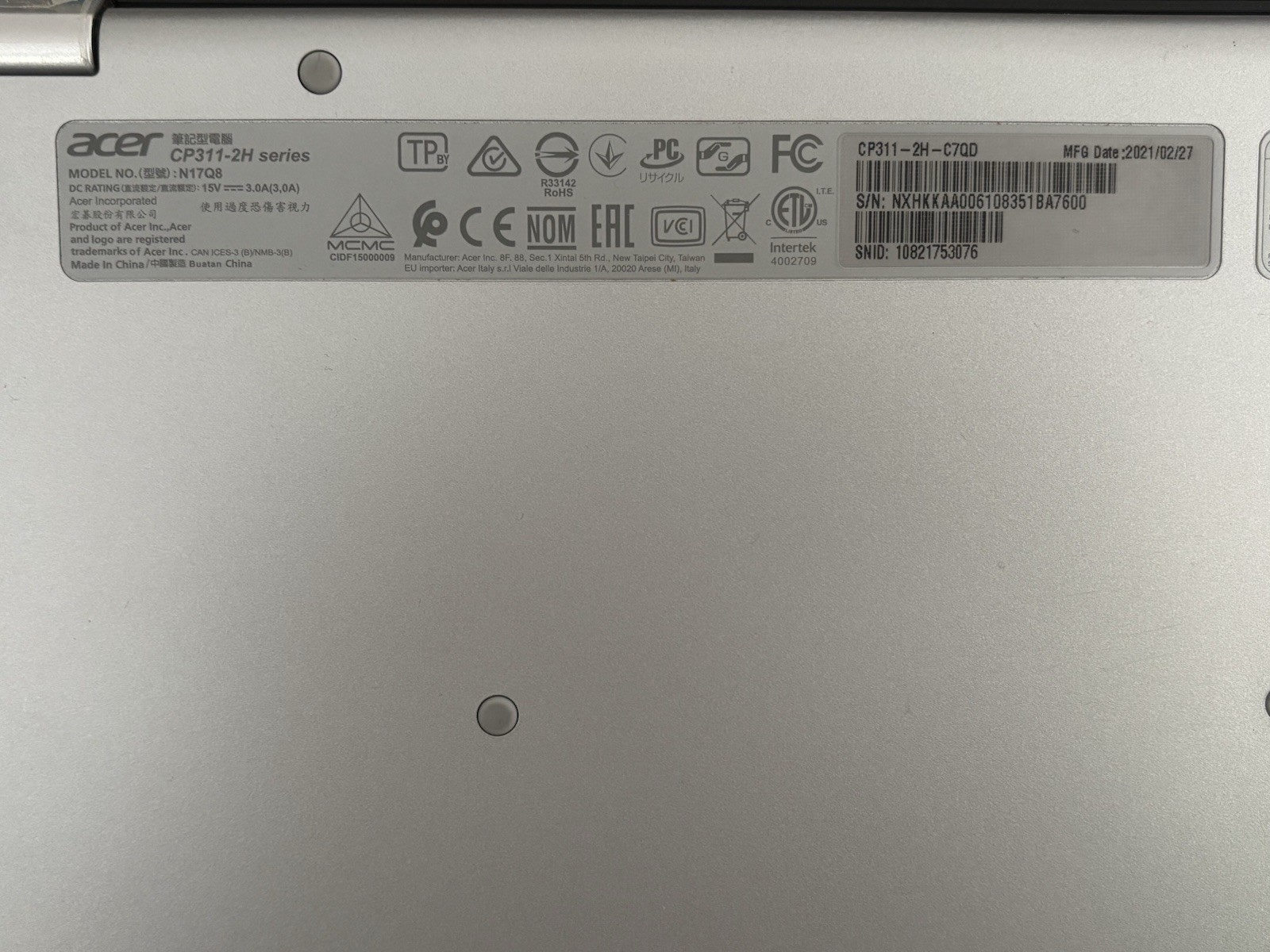 Acer Chromebook Spin 311 CP311-2H-C7QD 11.6” Touchscreen Celeron N4000 4GB 64GB