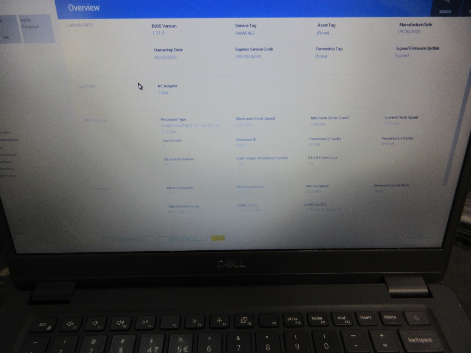 Dell Latitude 3410 14” CORE i3-10110U 2.1GHZ 4GB 512GB SSD WIFI GD BATT NO OS