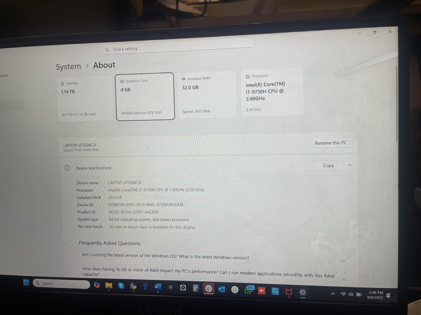 LENOVO LEGION Y540-15IRH | CORE I7-9750H | 1TB | 32GB RAM | 237GB SSD | 2.60 GHZ