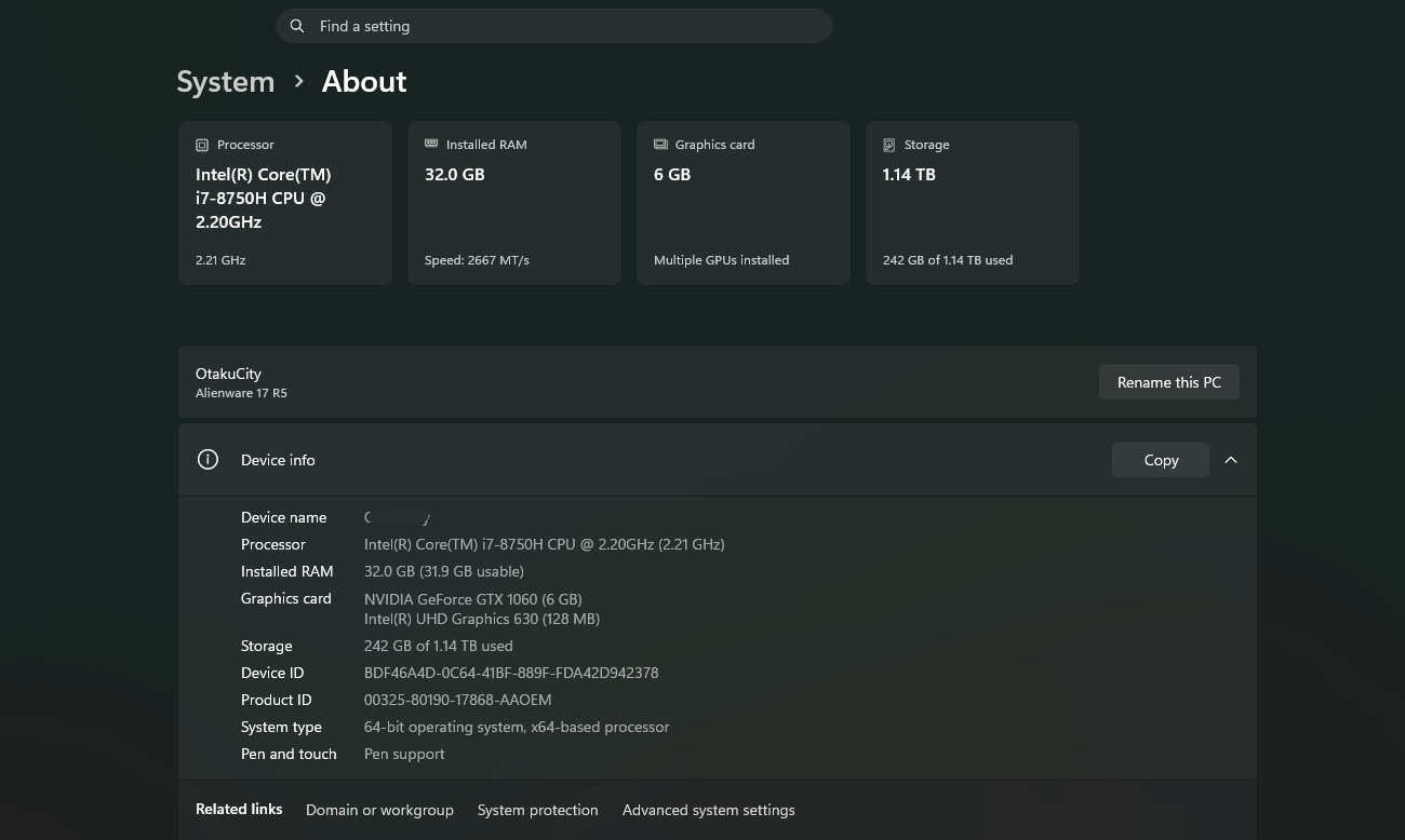 Alienware Laptop M17 R5 Intel(R) Core(TM) i7-8750H CPU @ 2.20 32.0 GB RAM DDR5 +