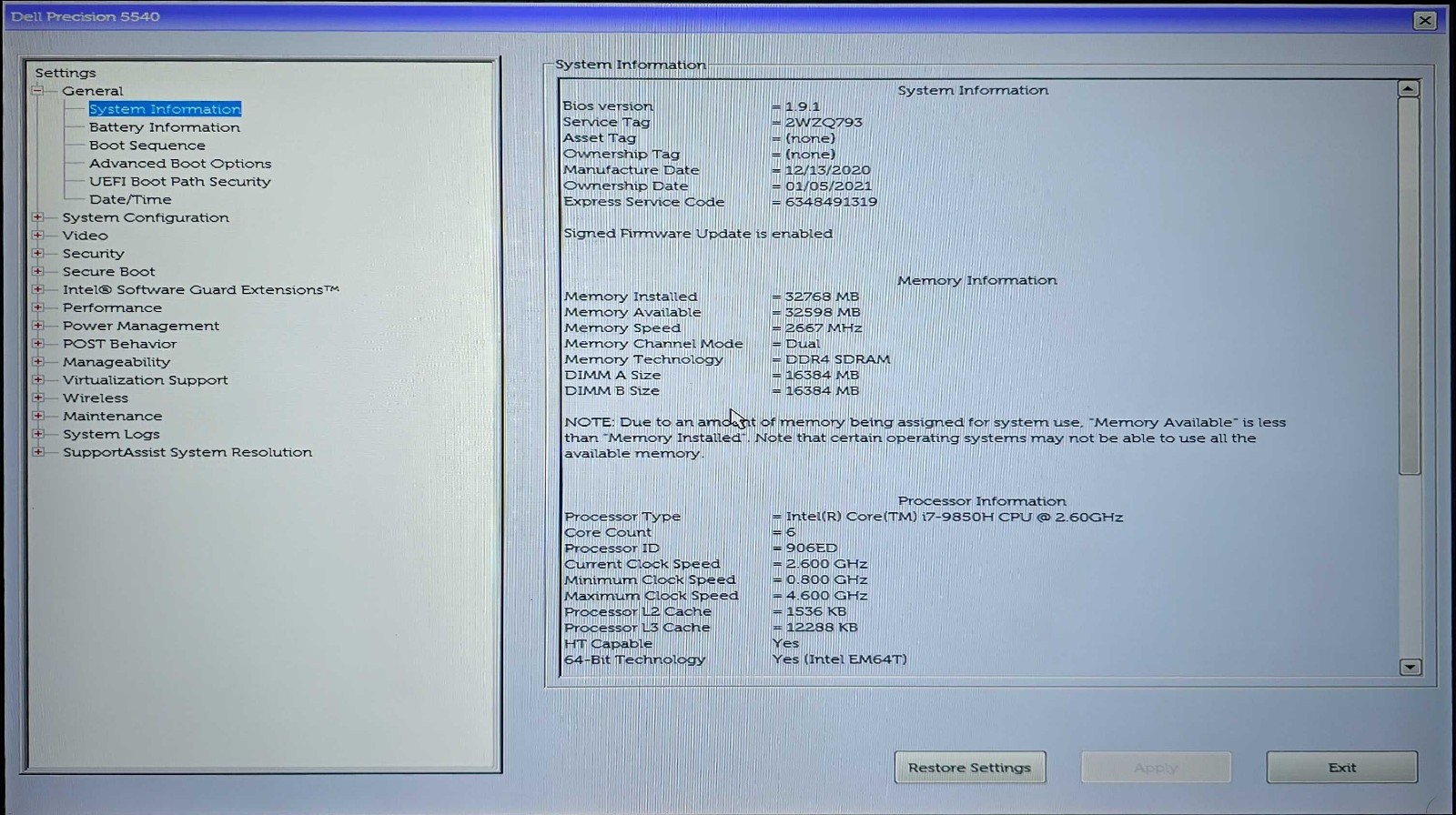Dell Precision 5540 Core i7-9850H CPU 32GB RAM 512GB SSD T1000 W11P w/AC Adapter