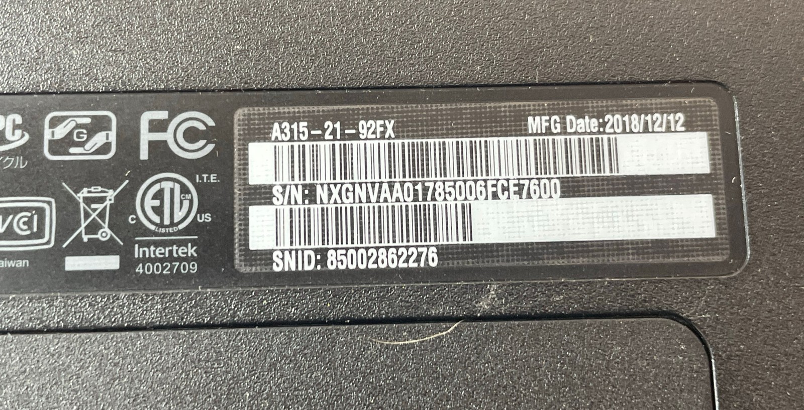 Acer Aspire 3 A315-21-92FX S/N NXGNVAA01785006FCE7600 15.6″ Laptop FOR PARTS