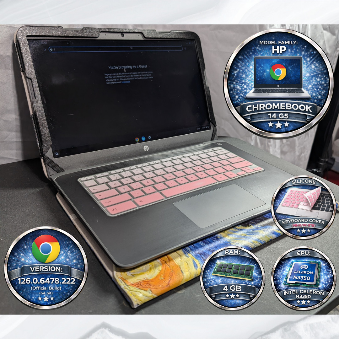 HP Chromebook 14-ca061dx Celeron N3350 4GB 32GB 14″ + Charger + Folio Case