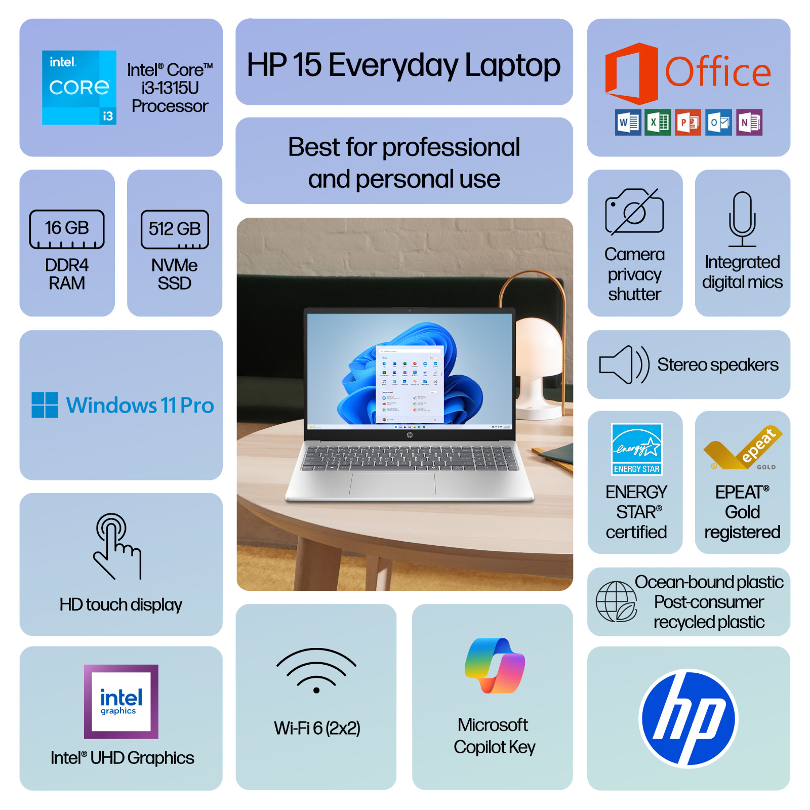 HP 15.6″ Touch Laptop, 13th Gen Intel i3, 16GB RAM & 512BG SSD Win 11 Pro+Office