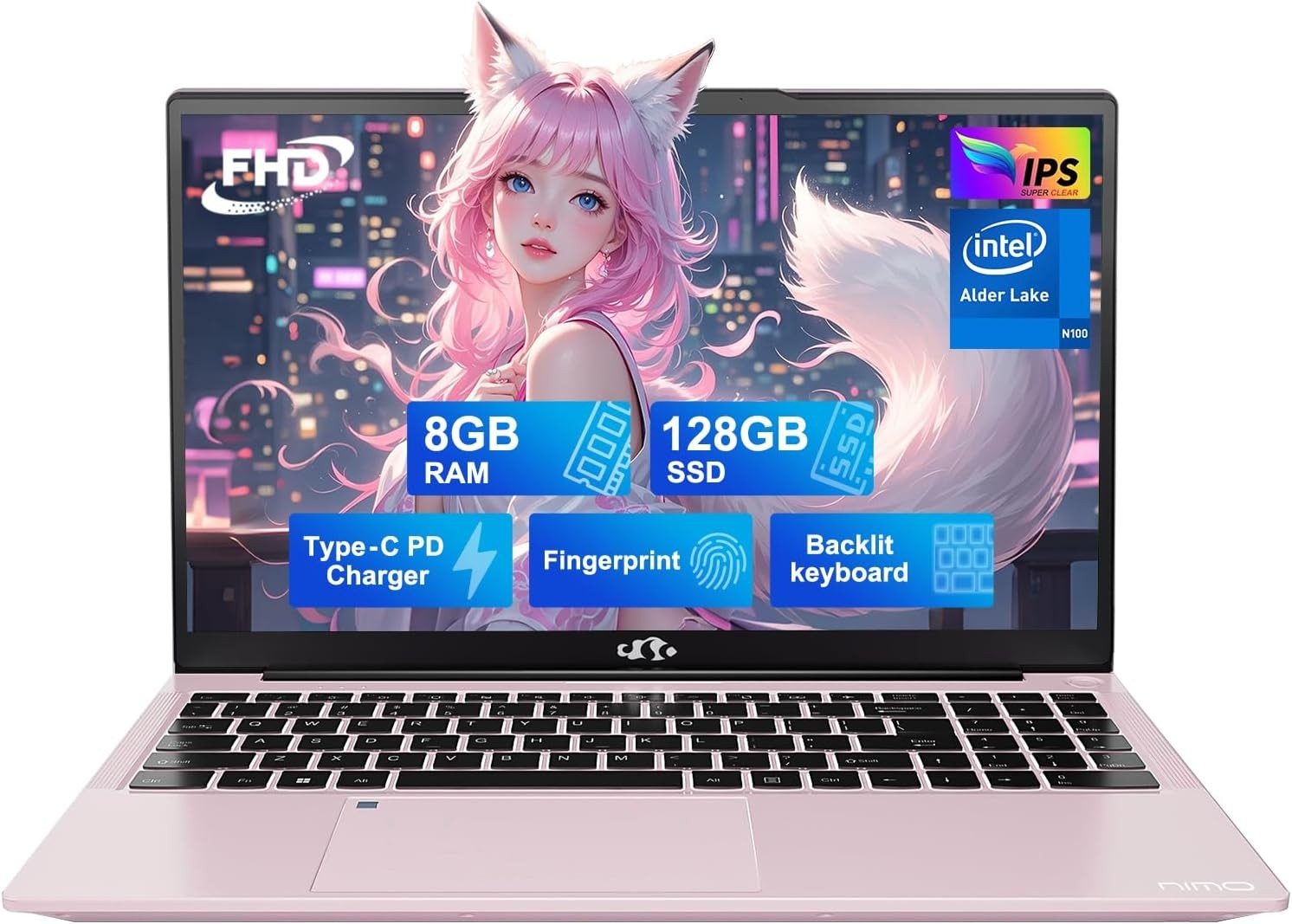NIMO 15.6 Laptop Intel Pentium 4 Cores N100 8GB RAM 128GB SSD Backlit KB Win 11