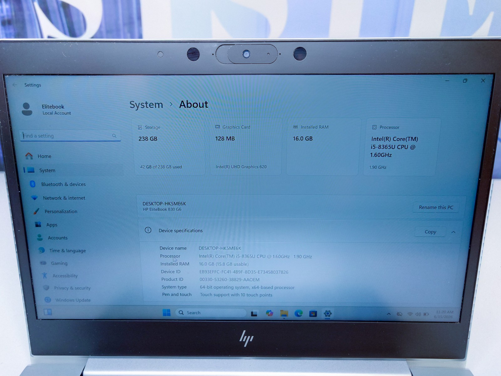 HP EliteBook 830 G6 13.3″ FHD | Intel i5-8265U 16GB RAM 256GB NVMe SSD Win 11P