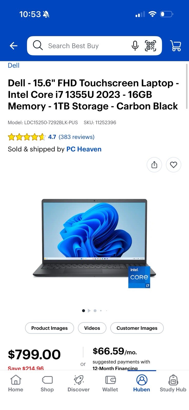 Dell Inspiron 15.6″ FHD Touch i7-1355U 16GB 1TB SSD Win11 Black